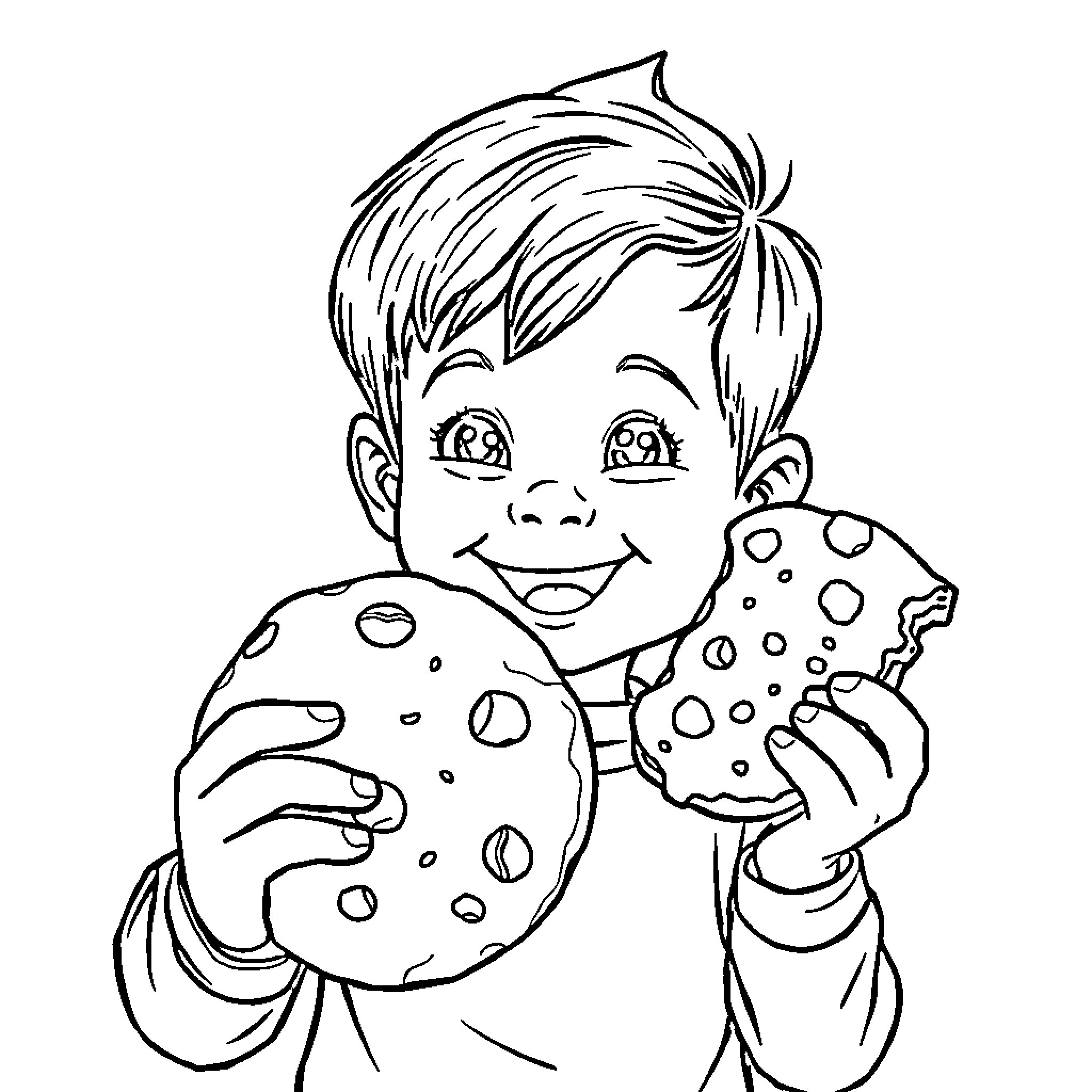 Boy enjoying a spotted cookie or pastry Coloring Page (free black-and-white line drawing printable PDF for all, from beginners to advanced learners, including children, teens, adults, and seniors)