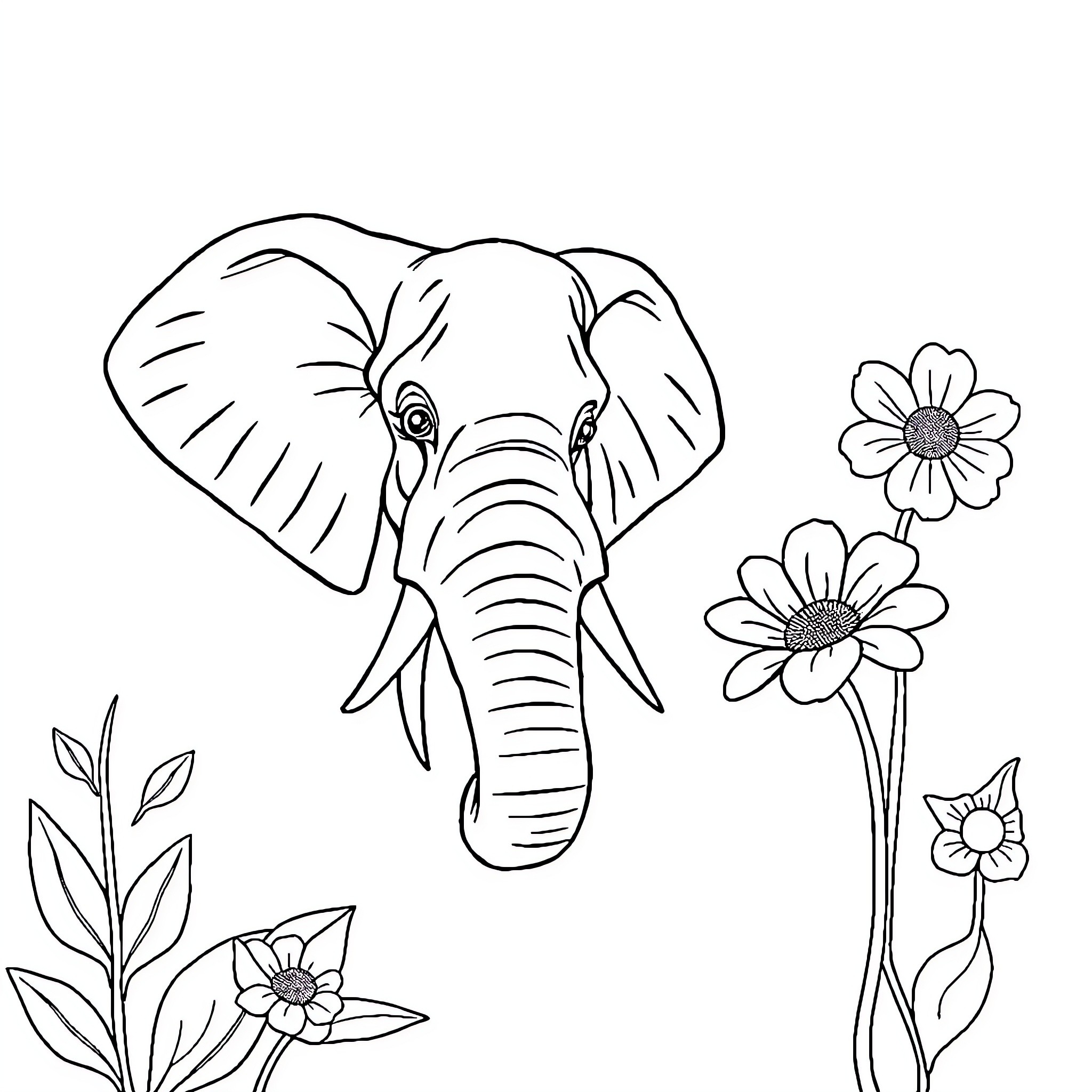 Elephant among blooming flowers Coloring Page (free black-and-white line drawing printable PDF for all, from beginners to advanced learners, including children, teens, adults, and seniors)
