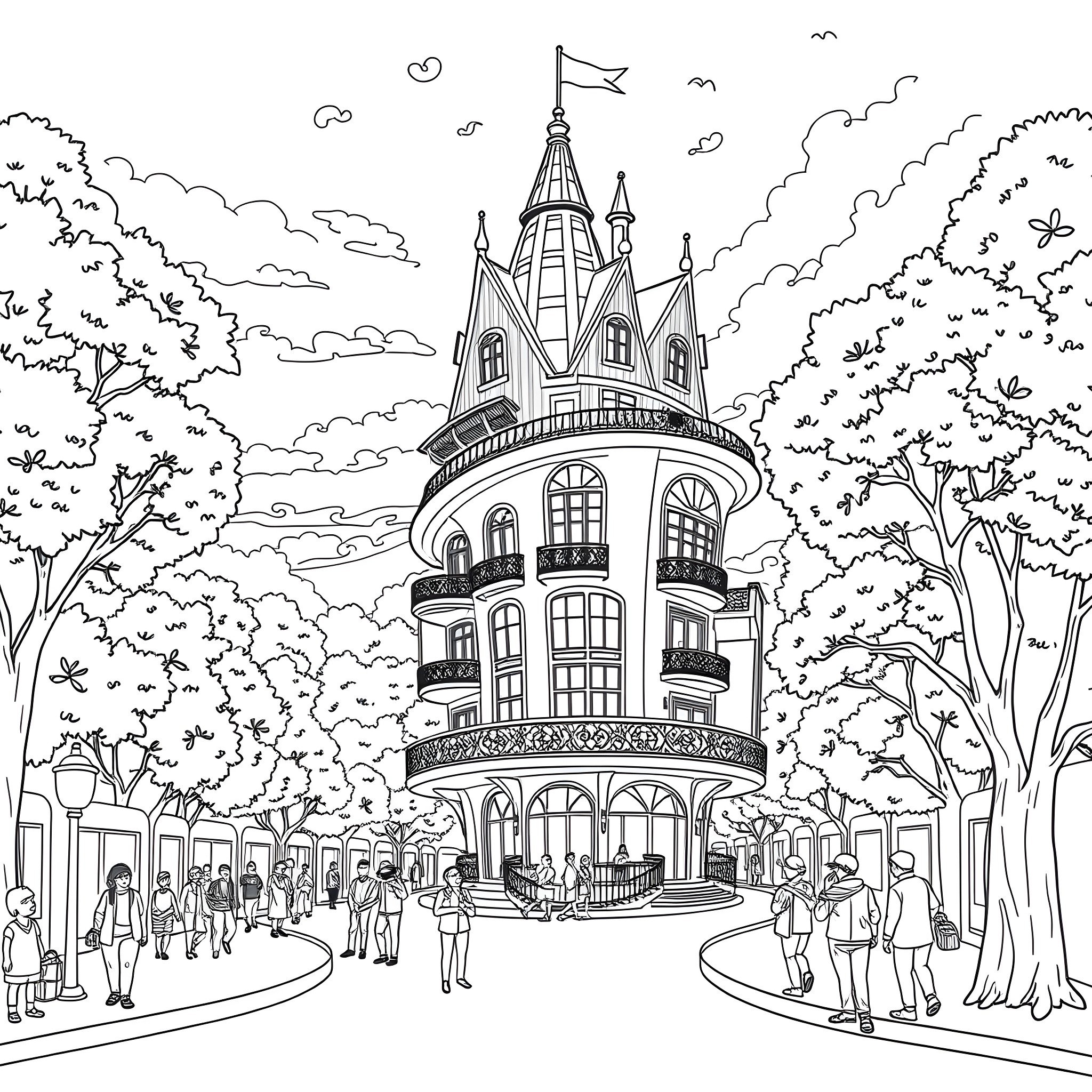House with people walking in a park surrounded by trees Coloring Page (free black-and-white line drawing printable PDF for all, from beginners to advanced learners, including children, teens, adults, and seniors)