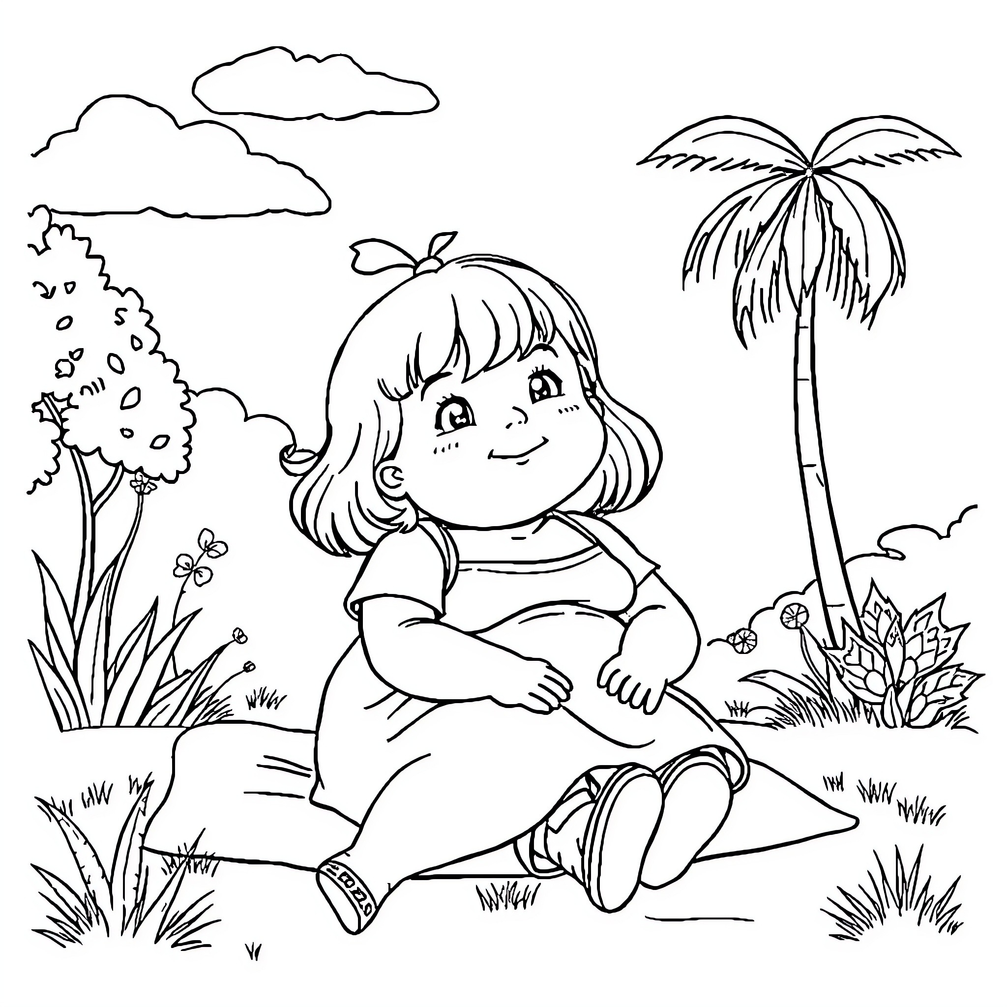 Girl enjoying nature in the tropics Coloring Page (free black-and-white line drawing printable PDF for all, from beginners to advanced learners, including children, teens, adults, and seniors)
