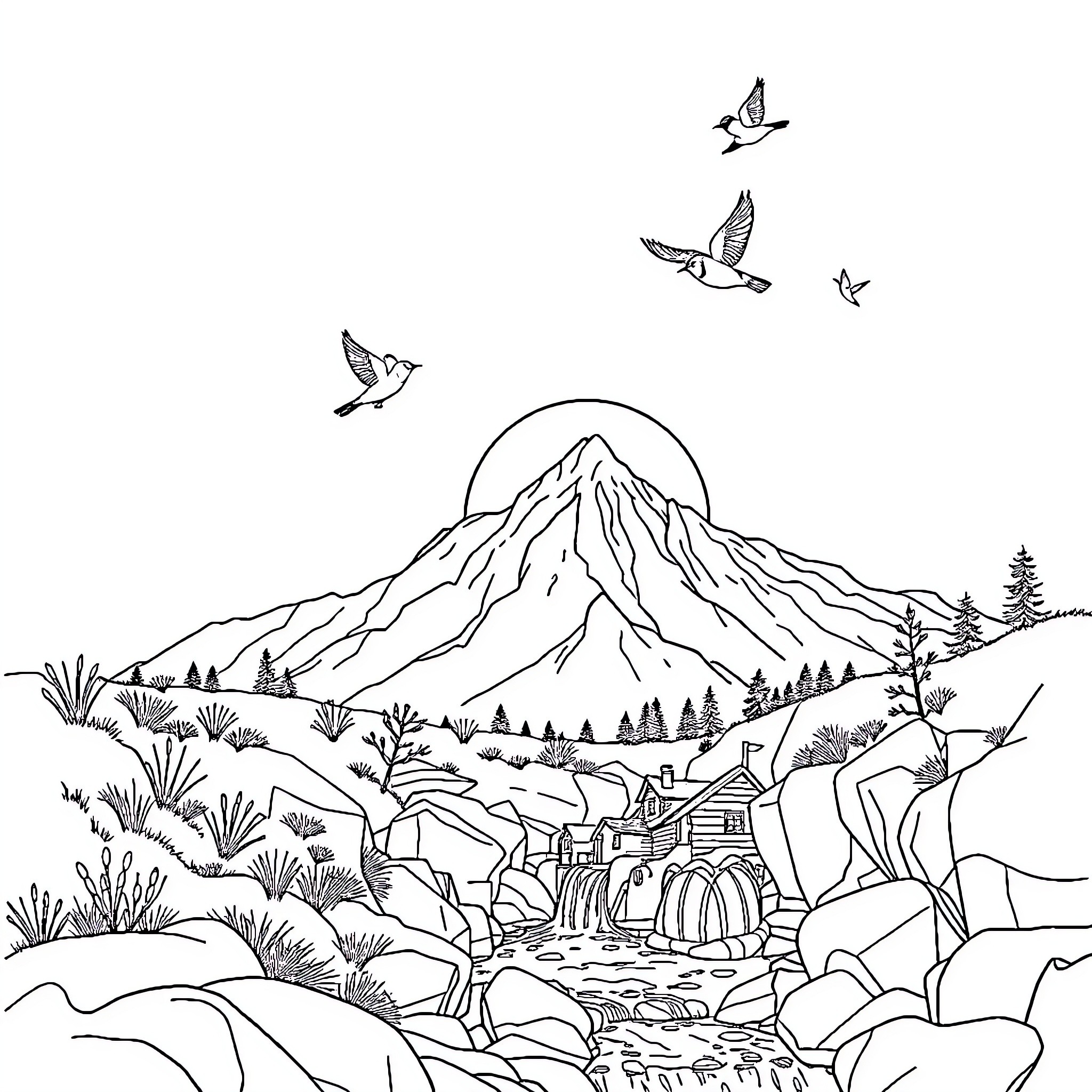 Mountain Landscape with Flying Birds Coloring Page (free black-and-white line drawing printable PDF for all, from beginners to advanced learners, including children, teens, adults, and seniors)
