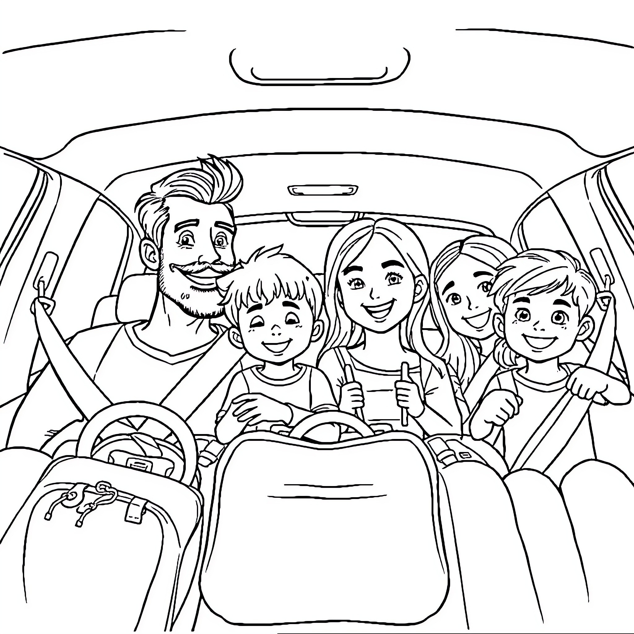 Family enjoying a road trip in the car Coloring Page (free black-and-white line drawing printable PDF for all, from beginners to advanced learners, including children, teens, adults, and seniors)