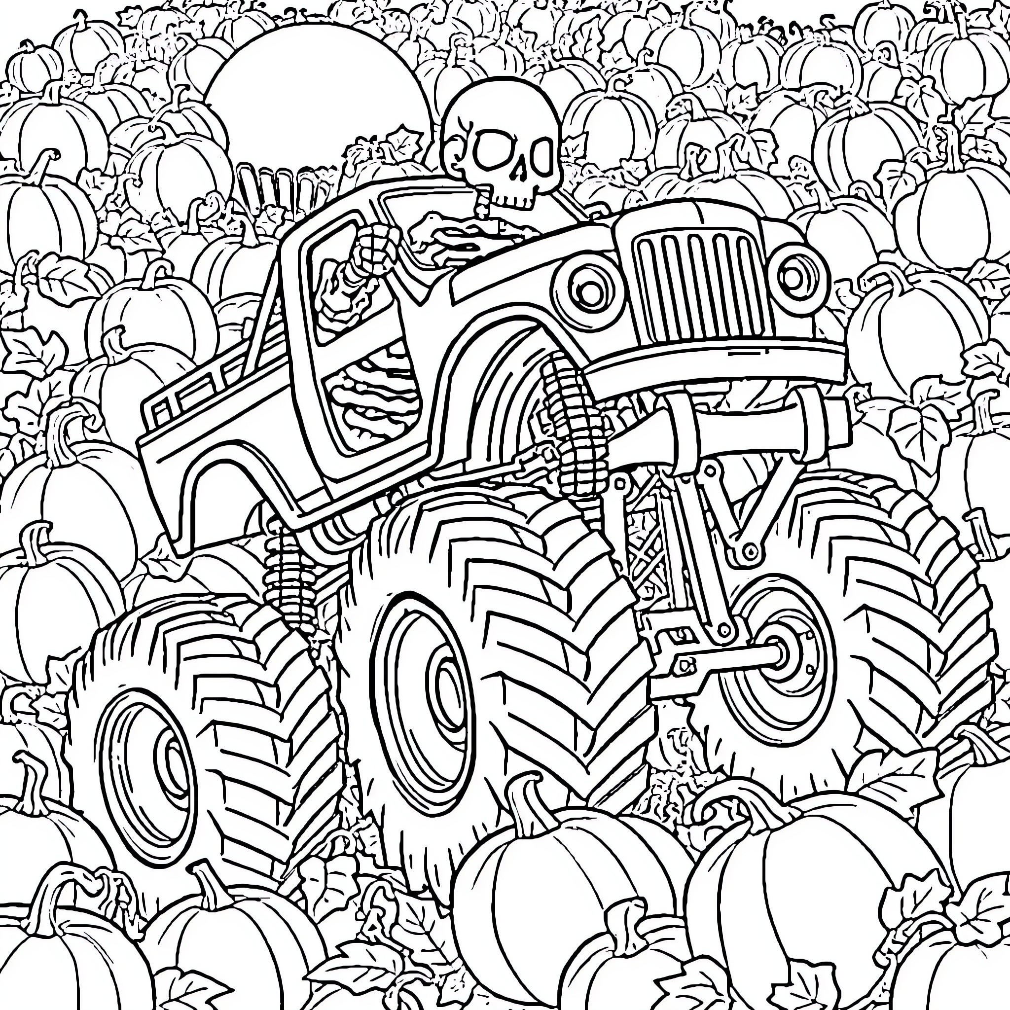 Skeleton Monster Truck Crushing Pumpkins and Skeletons Coloring Page (free black-and-white line drawing printable PDF for all, from beginners to advanced learners, including children, teens, adults, and seniors)