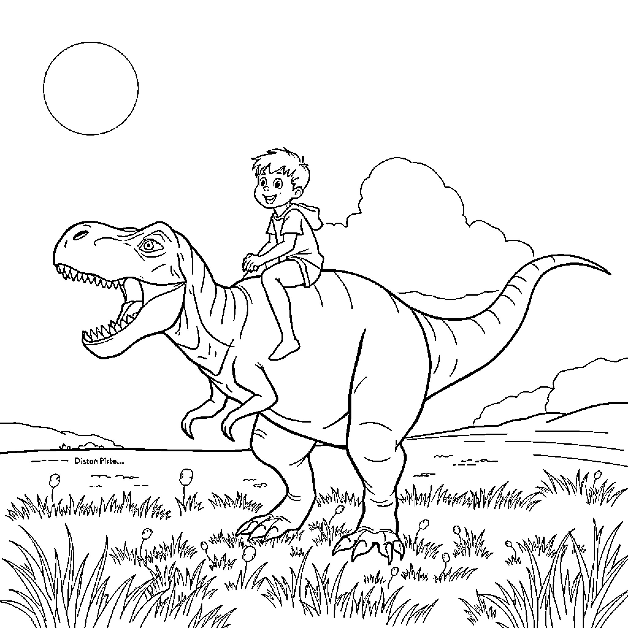 Boy riding a fearsome dinosaur in the wilderness Coloring Page (free black-and-white line drawing printable PDF for all, from beginners to advanced learners, including children, teens, adults, and seniors)