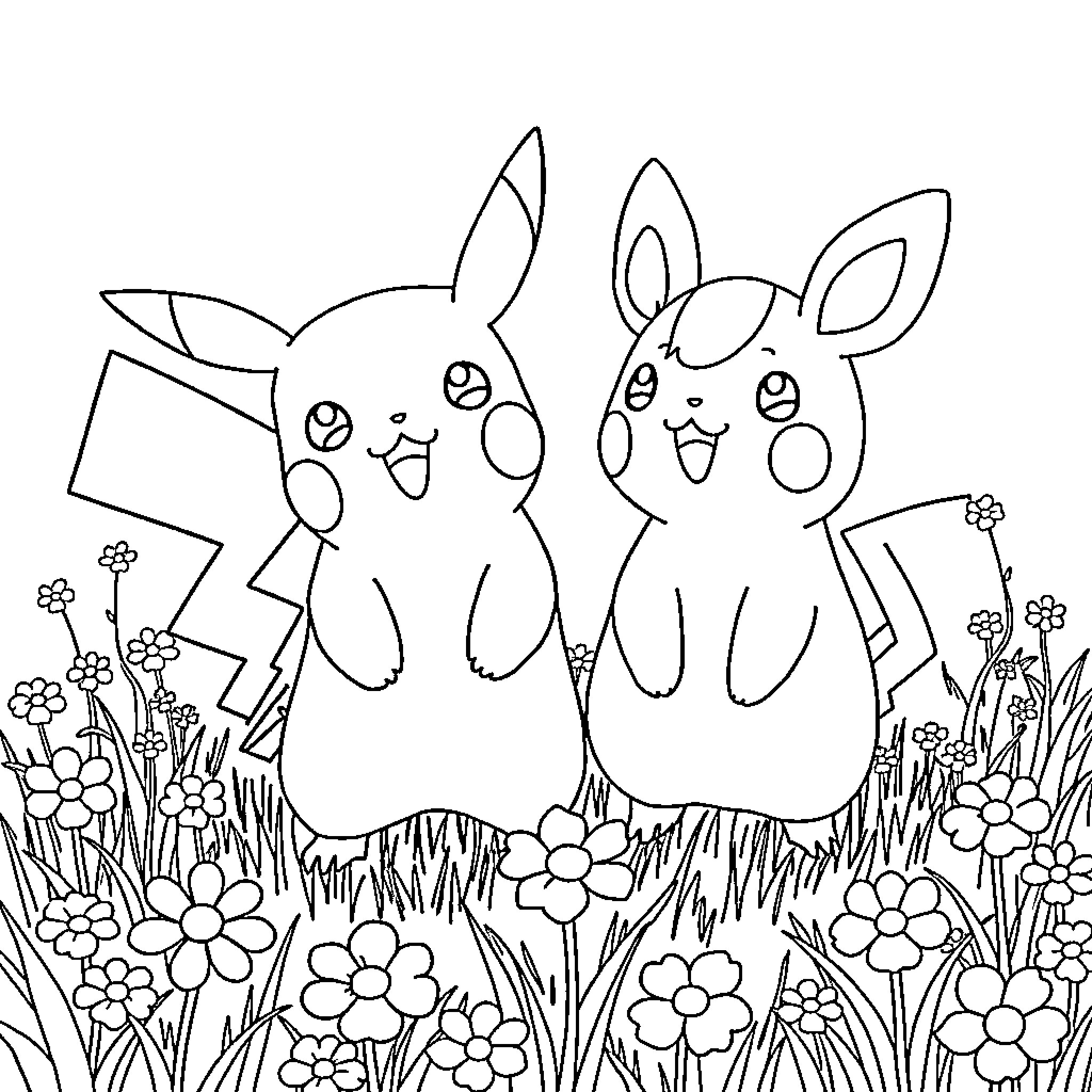 Pikachu and friends exploring a floral field Coloring Page (free black-and-white line drawing printable PDF for all, from beginners to advanced learners, including children, teens, adults, and seniors)