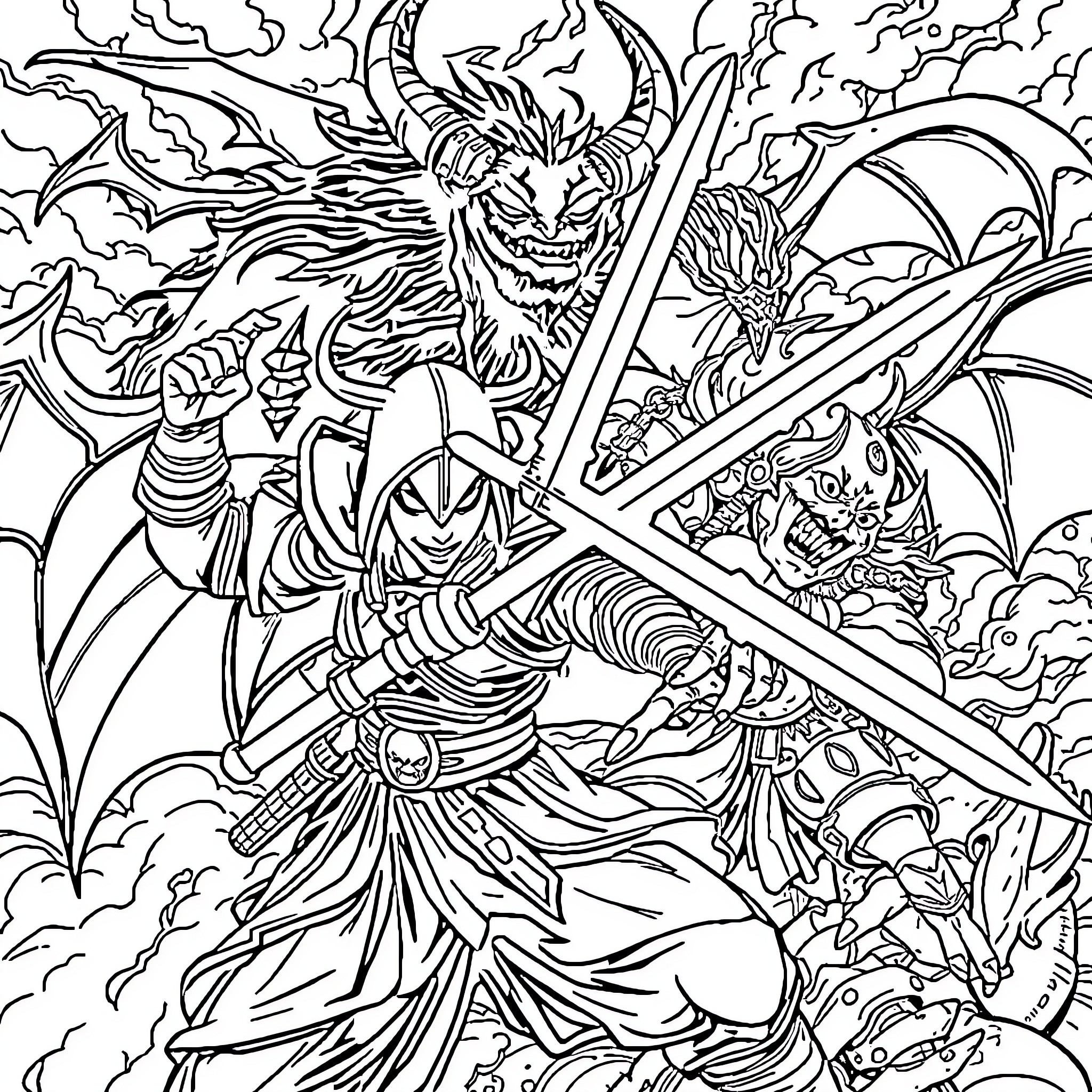 Demon Slayer Warrior's Fierce Clash Coloring Page (free black-and-white line drawing printable PDF for all, from beginners to advanced learners, including children, teens, adults, and seniors)