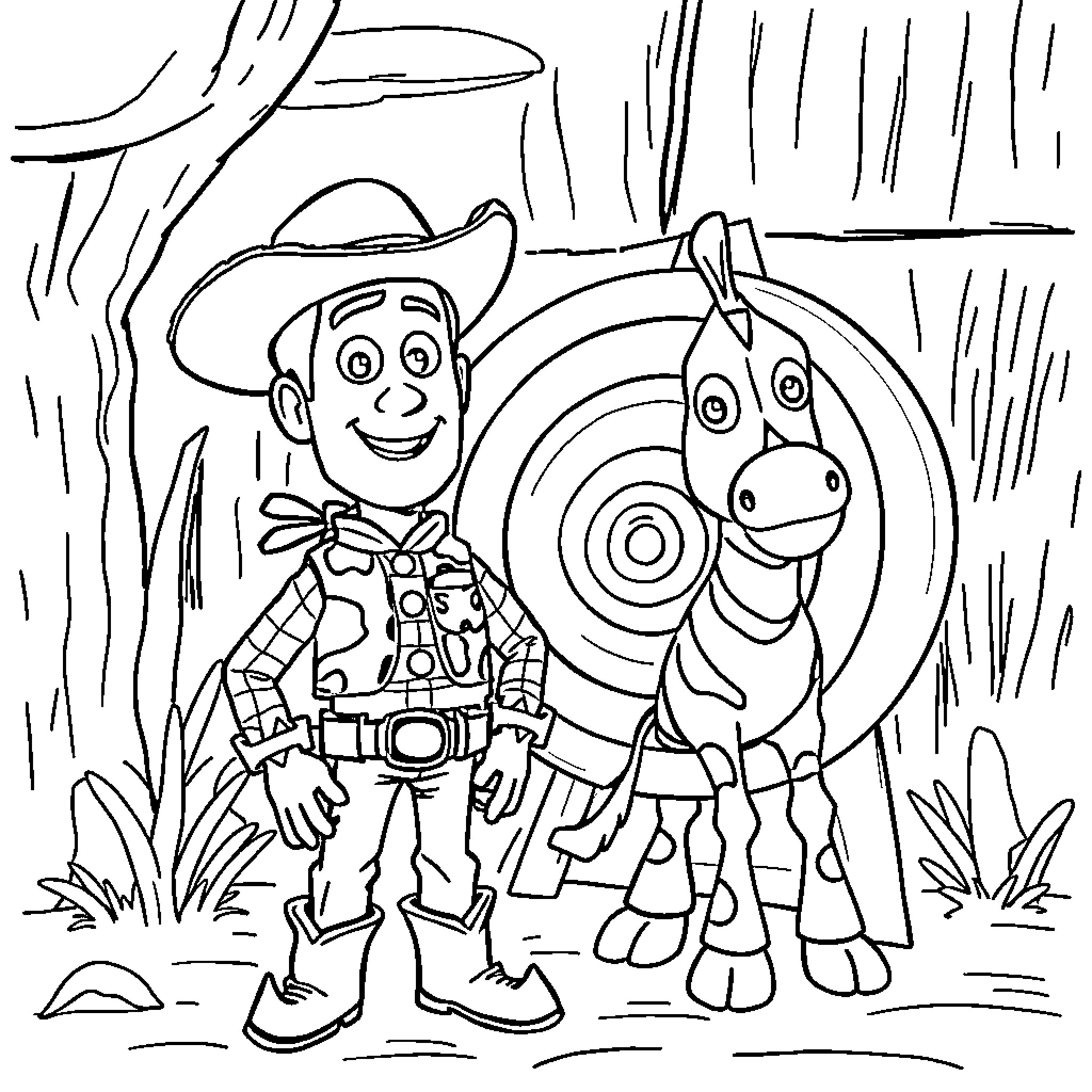 Woody's Playful Adventure with his Loyal Companion Coloring Page (free black-and-white line drawing printable PDF for all, from beginners to advanced learners, including children, teens, adults, and seniors)