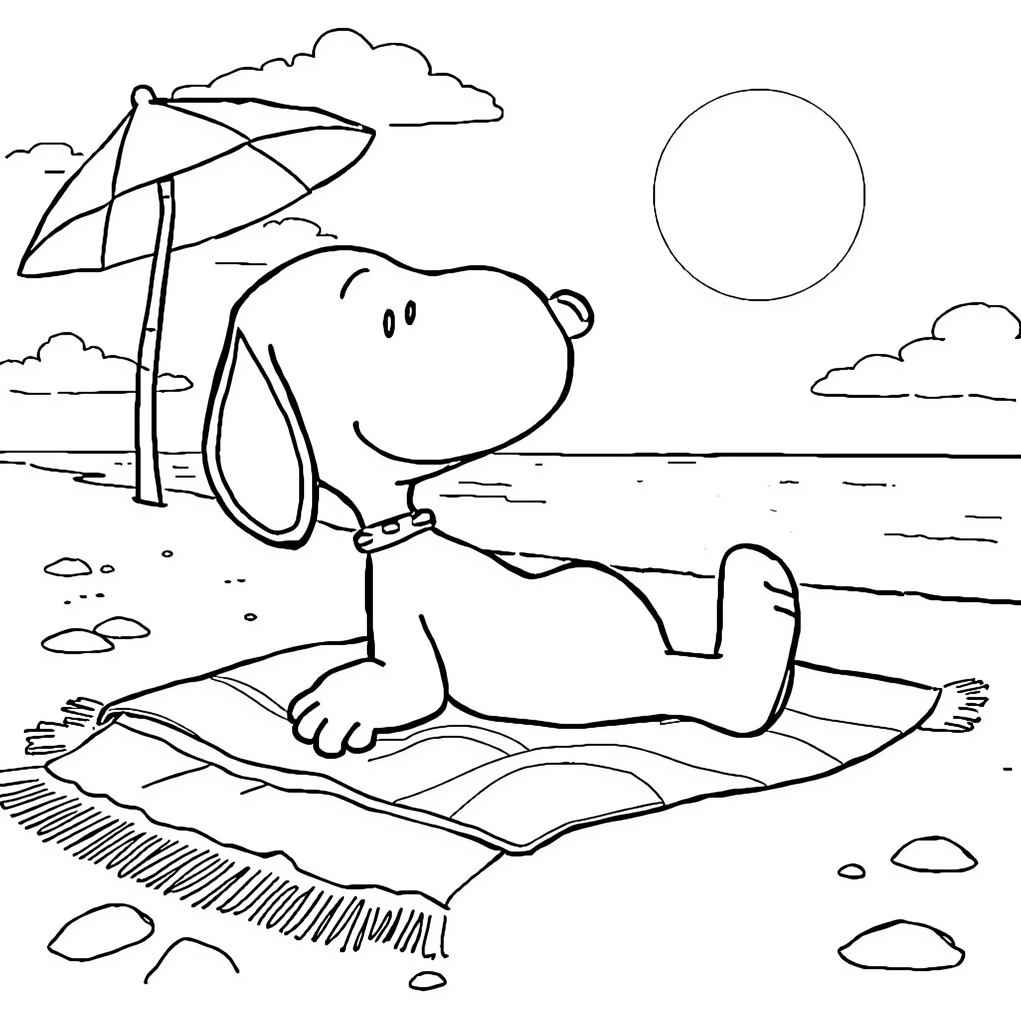 Snoopy relaxing at the beach under an umbrella Coloring Page (free black-and-white line drawing printable PDF for all, from beginners to advanced learners, including children, teens, adults, and seniors)