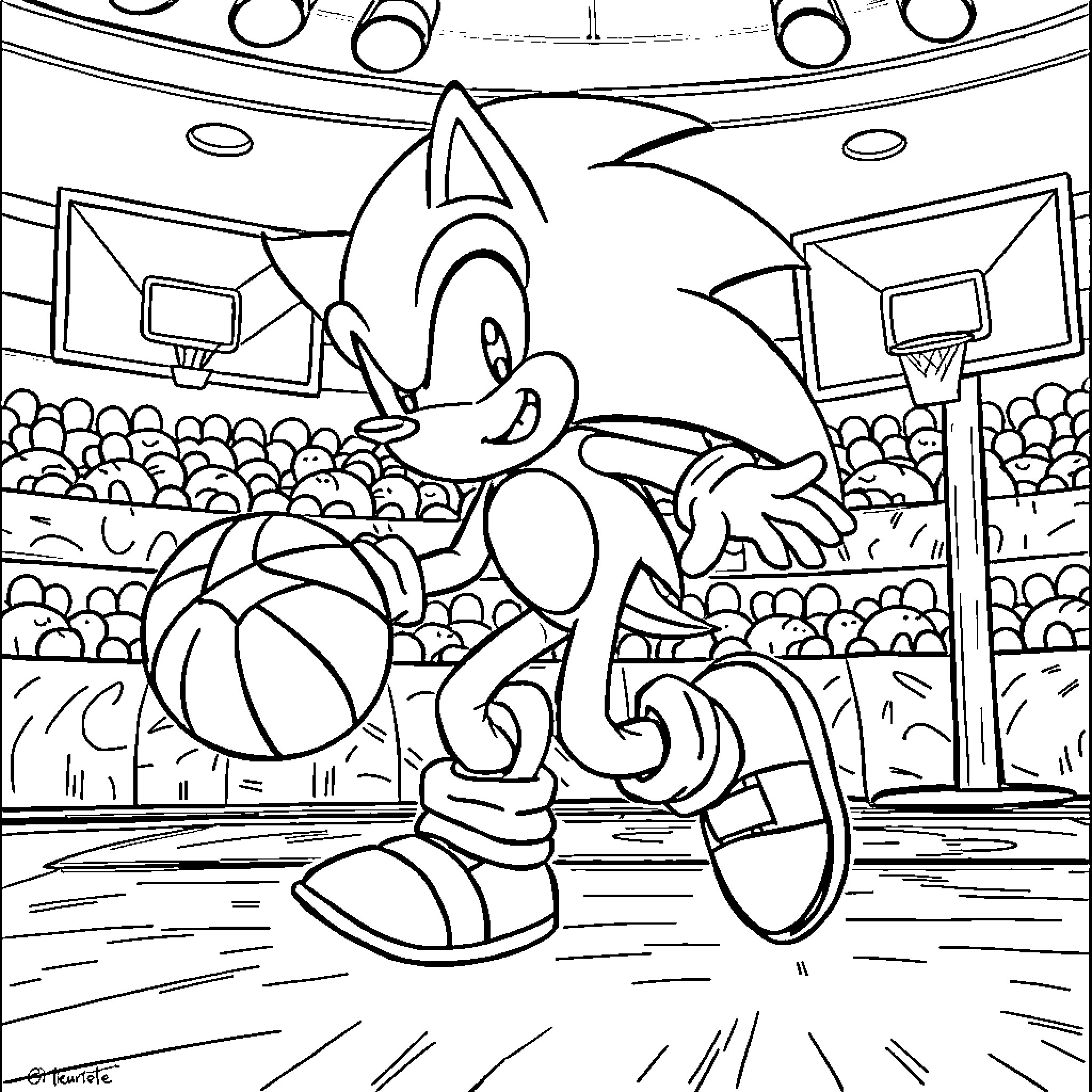 Sonic playing basketball on the court Coloring Page (free black-and-white line drawing printable PDF for all, from beginners to advanced learners, including children, teens, adults, and seniors)