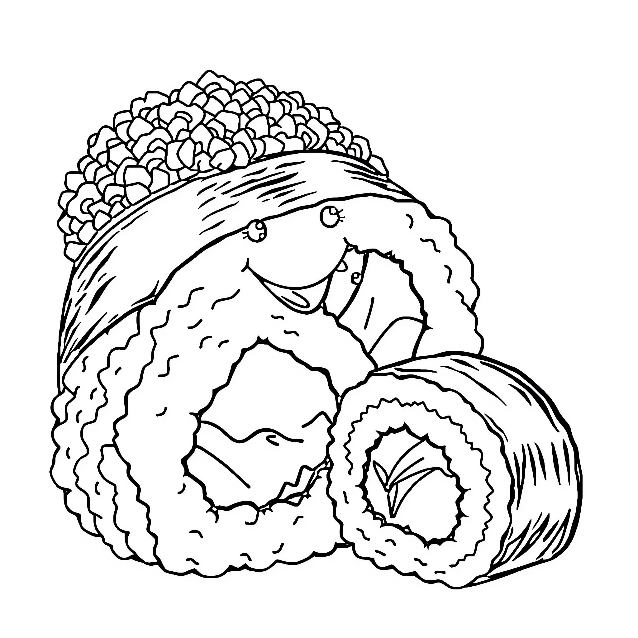 Sushi rolls with happy expression Coloring Page (free black-and-white line drawing printable PDF for all, from beginners to advanced learners, including children, teens, adults, and seniors)