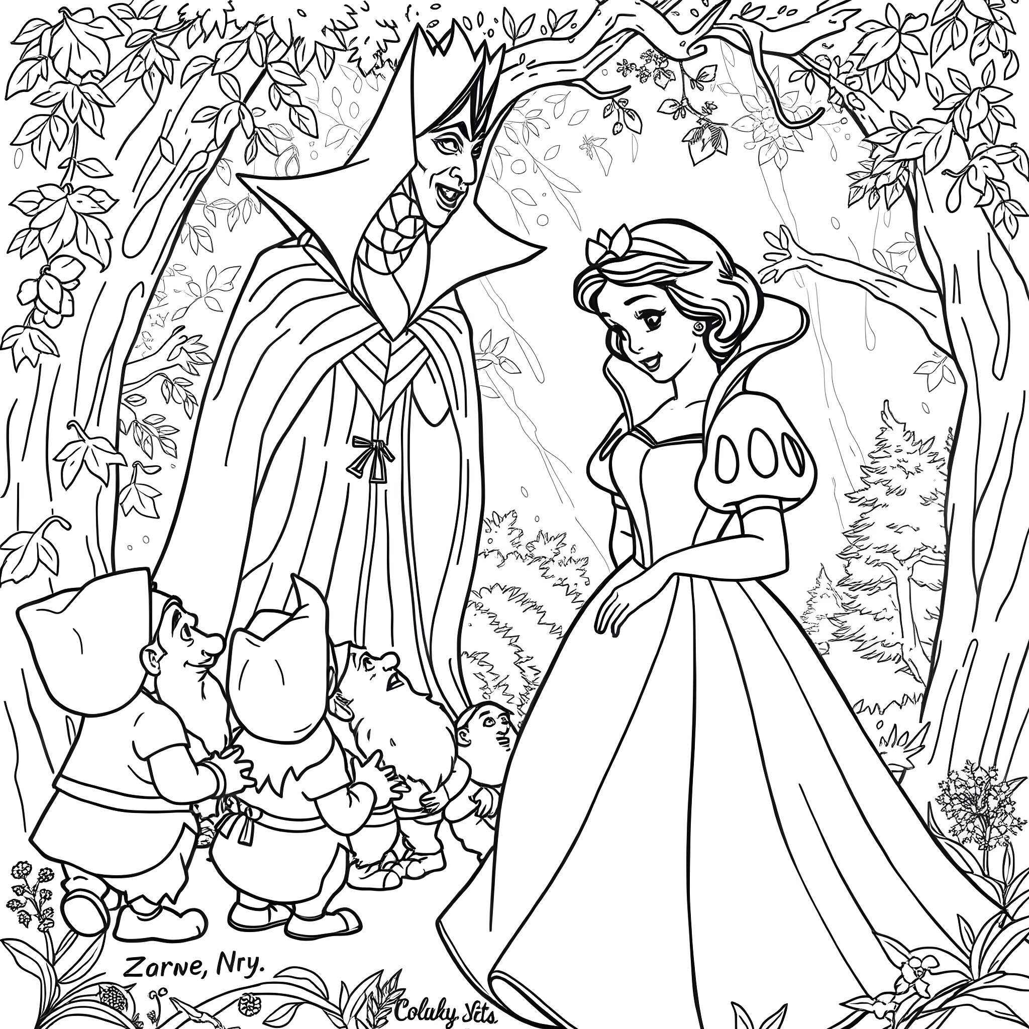 Snow White Meets the Evil Queen in the Enchanted Forest Coloring Page (free black-and-white line drawing printable PDF for all, from beginners to advanced learners, including children, teens, adults, and seniors)
