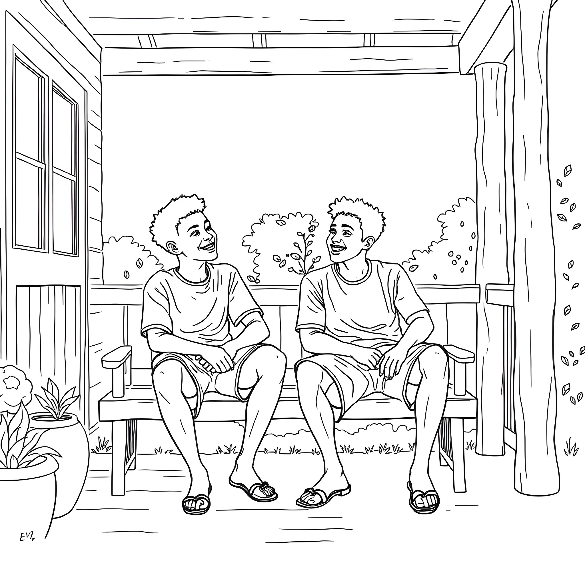 Teen Guys Chatting and Relaxing on Porch Coloring Page (free black-and-white line drawing printable PDF for all, from beginners to advanced learners, including children, teens, adults, and seniors)