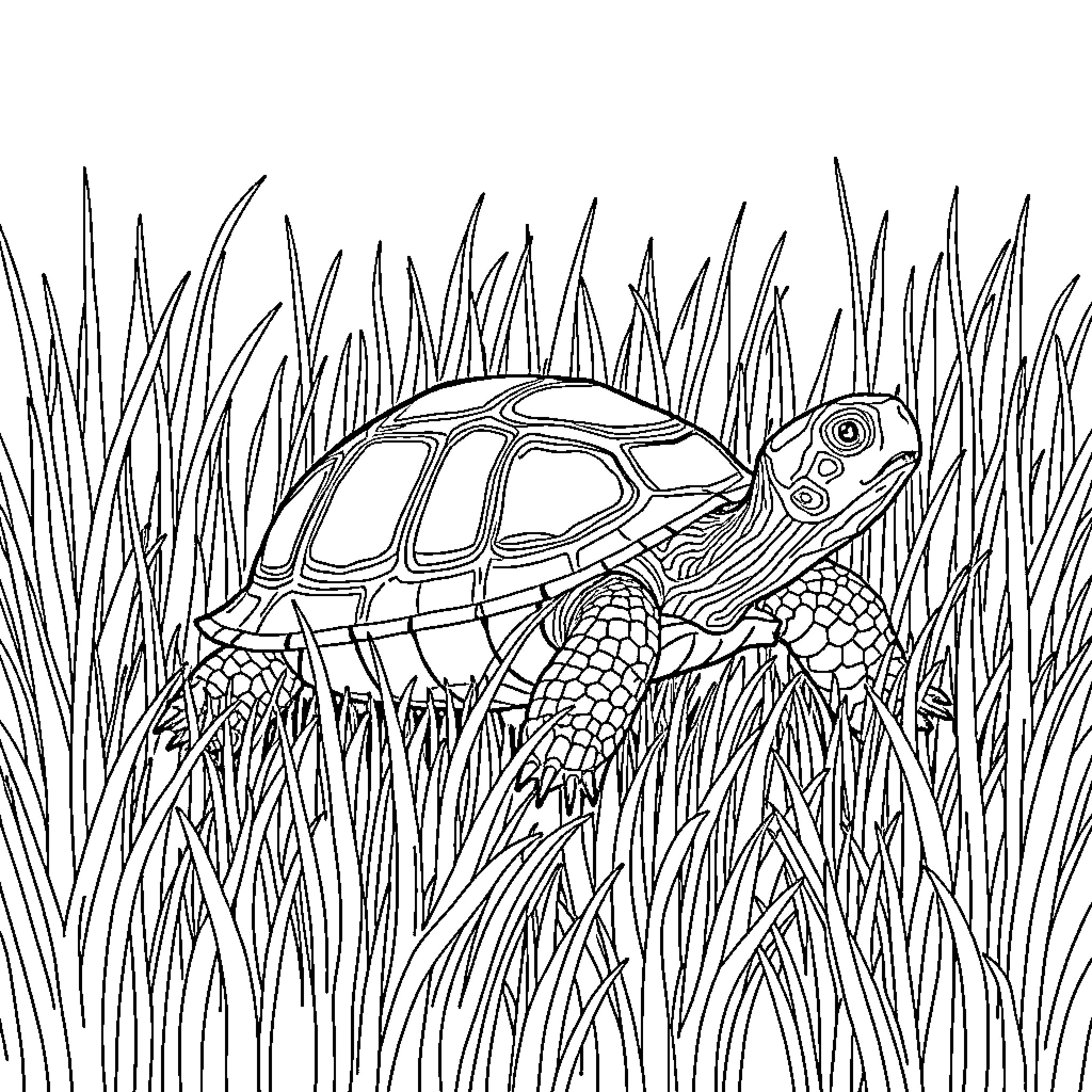 Tortoise crawling through tall grass Coloring Page (free black-and-white line drawing printable PDF for all, from beginners to advanced learners, including children, teens, adults, and seniors)