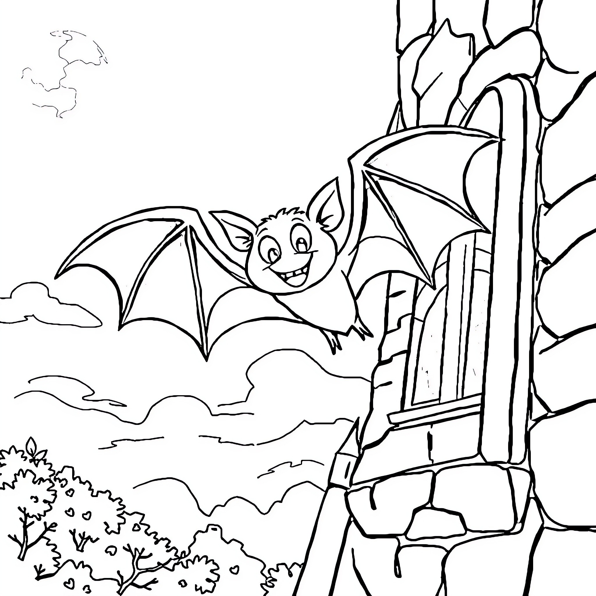 Bat exploring spooky cave at night Coloring Page (free black-and-white line drawing printable PDF for all, from beginners to advanced learners, including children, teens, adults, and seniors)