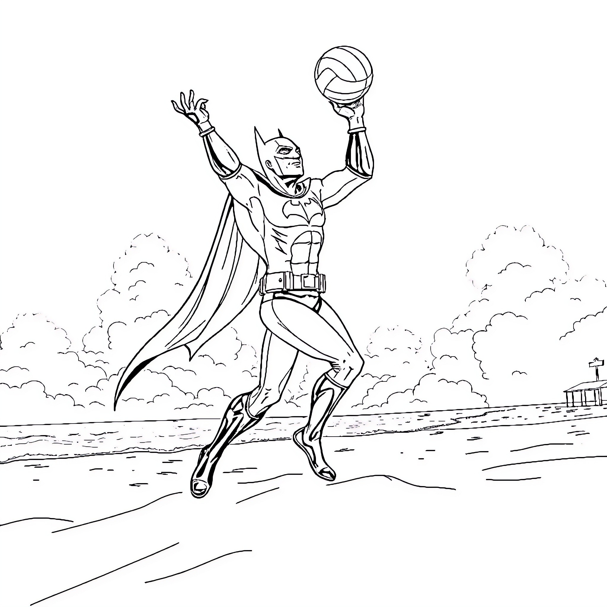 Batman Soaring with Volleyball in the Sky Coloring Page (free black-and-white line drawing printable PDF for all, from beginners to advanced learners, including children, teens, adults, and seniors)