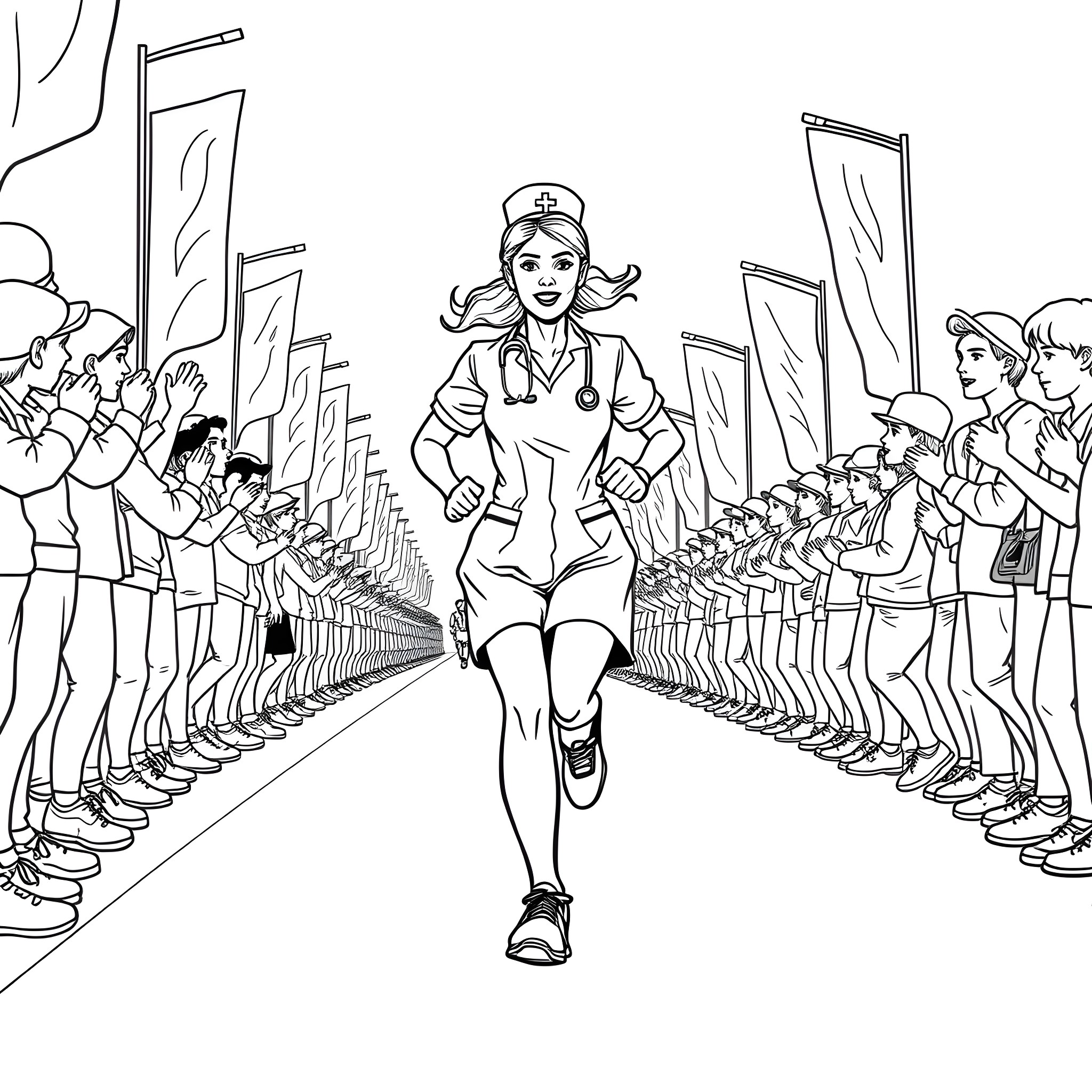 Nurse Confidently Striding Through Cheering Crowd Coloring Page (free black-and-white line drawing printable PDF for all, from beginners to advanced learners, including children, teens, adults, and seniors)
