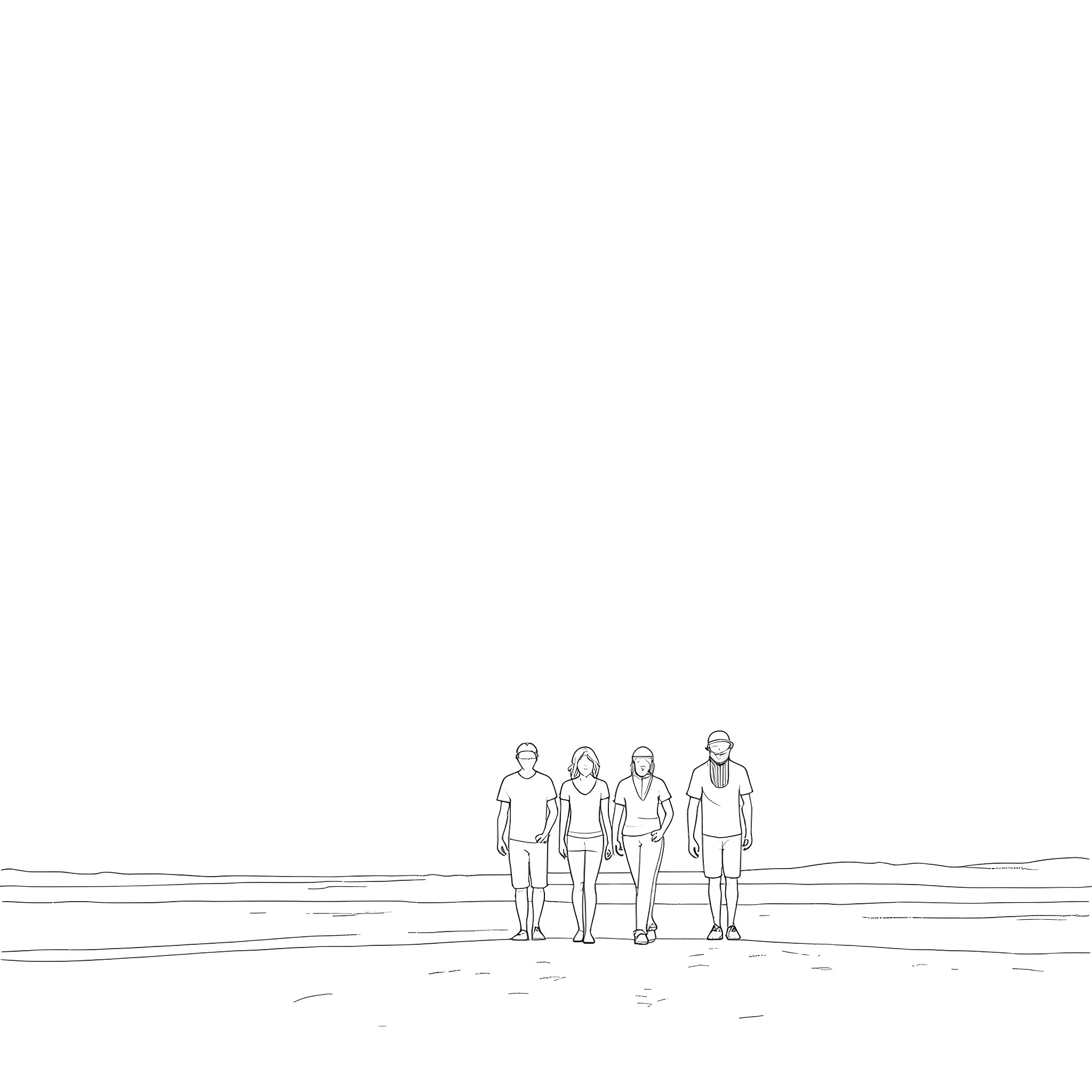 Silhouette of people walking together on the beach Coloring Page (free black-and-white line drawing printable PDF for all, from beginners to advanced learners, including children, teens, adults, and seniors)
