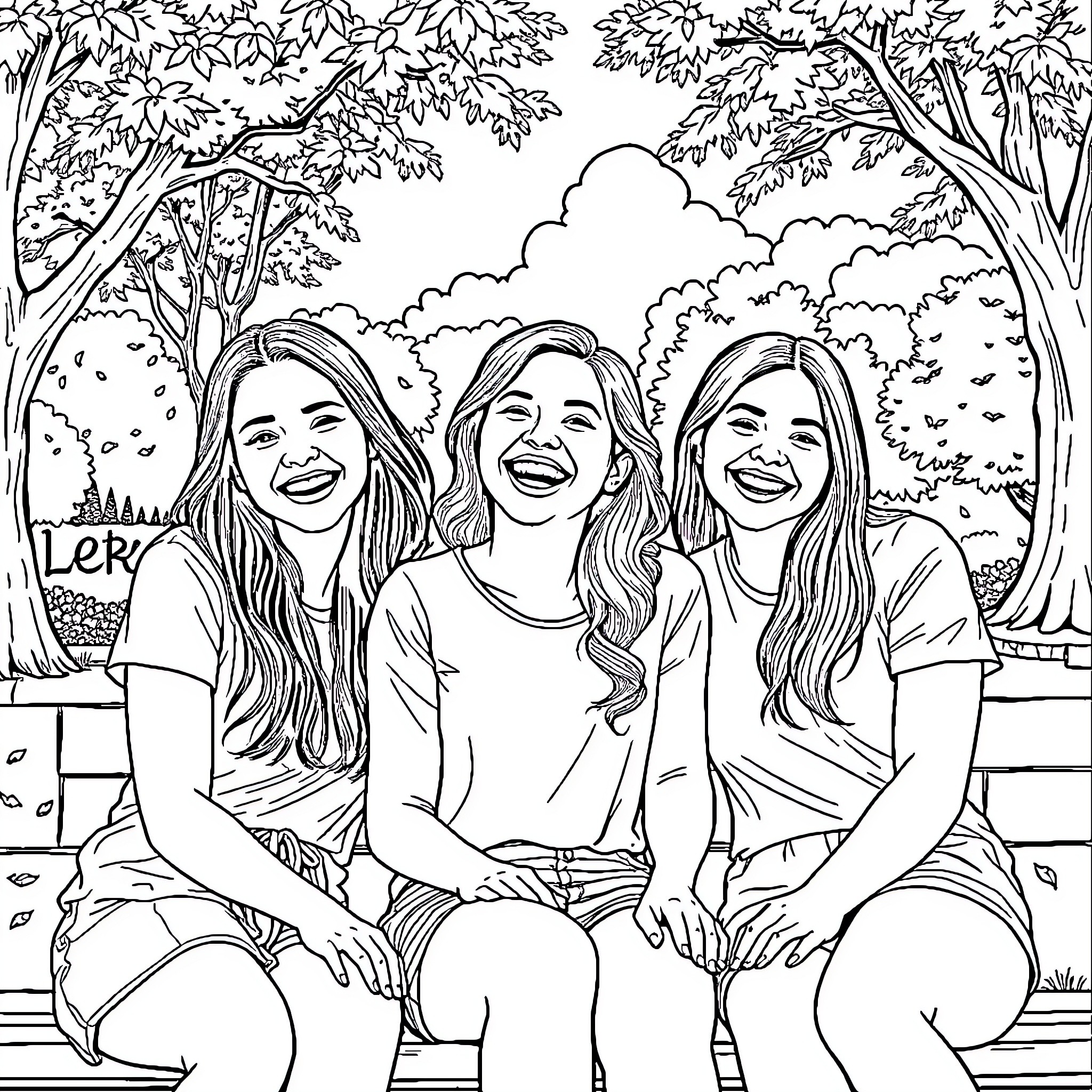 Friend's Joyful Gathering in the Verdant Outdoors Coloring Page (free black-and-white line drawing printable PDF for all, from beginners to advanced learners, including children, teens, adults, and seniors)