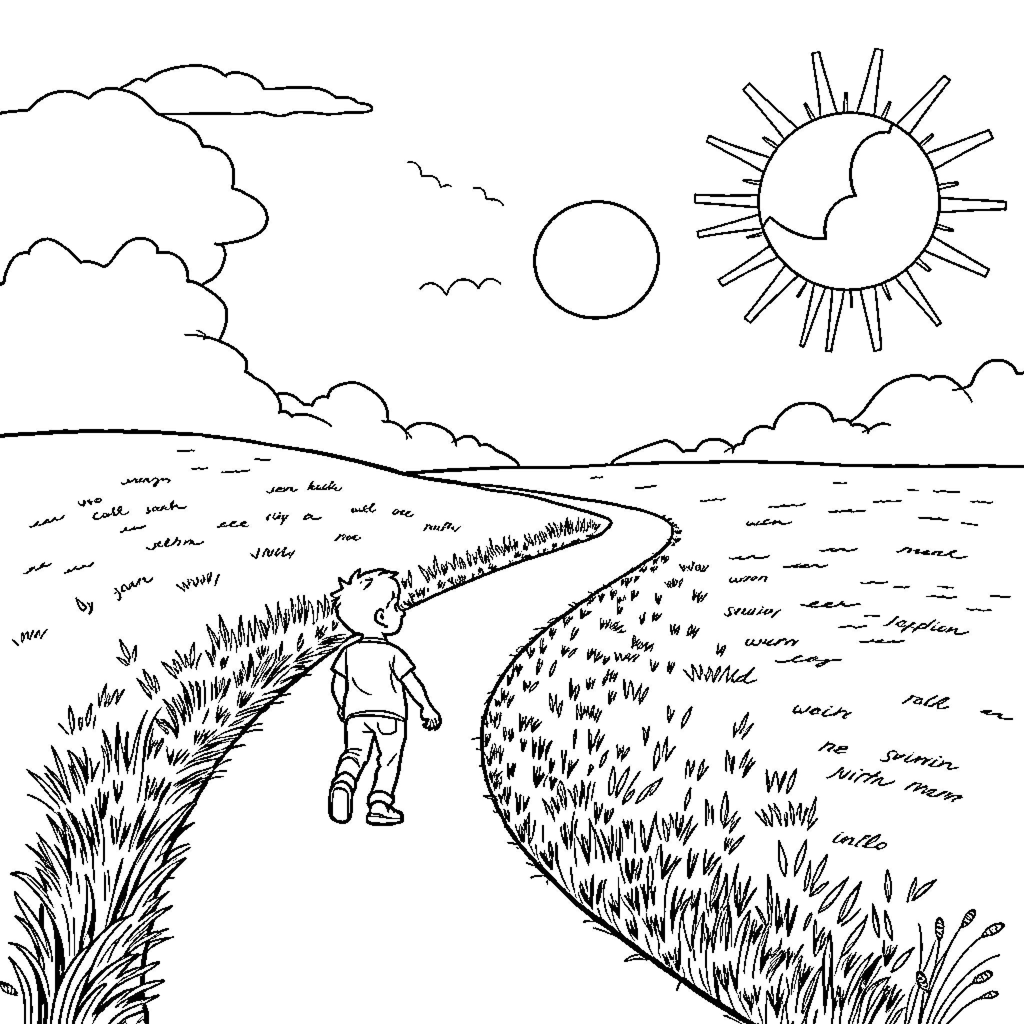 Boy walking alone on a country path Coloring Page (free black-and-white line drawing printable PDF for all, from beginners to advanced learners, including children, teens, adults, and seniors)