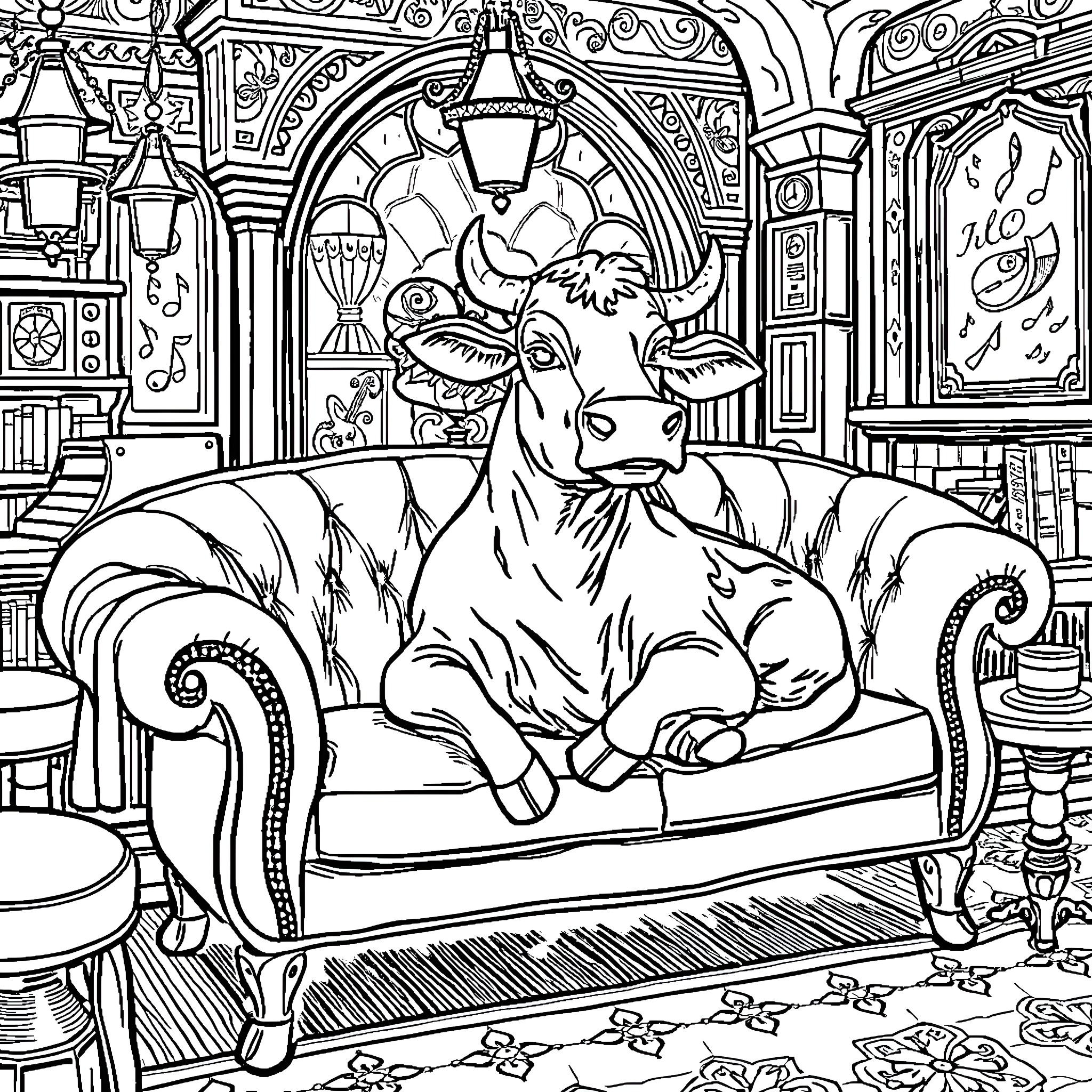 Cow lounging comfortably in a lavish interior Coloring Page (free black-and-white line drawing printable PDF for all, from beginners to advanced learners, including children, teens, adults, and seniors)