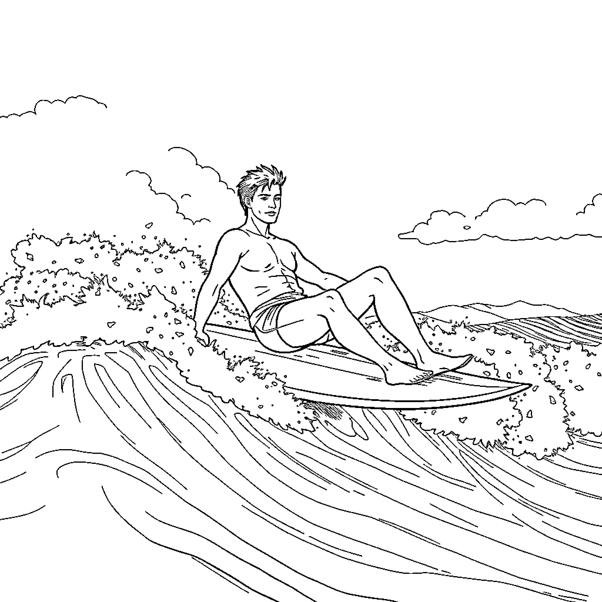 Ritter surfing the ocean waves with skill and grace Coloring Page (free black-and-white line drawing printable PDF for all, from beginners to advanced learners, including children, teens, adults, and seniors)