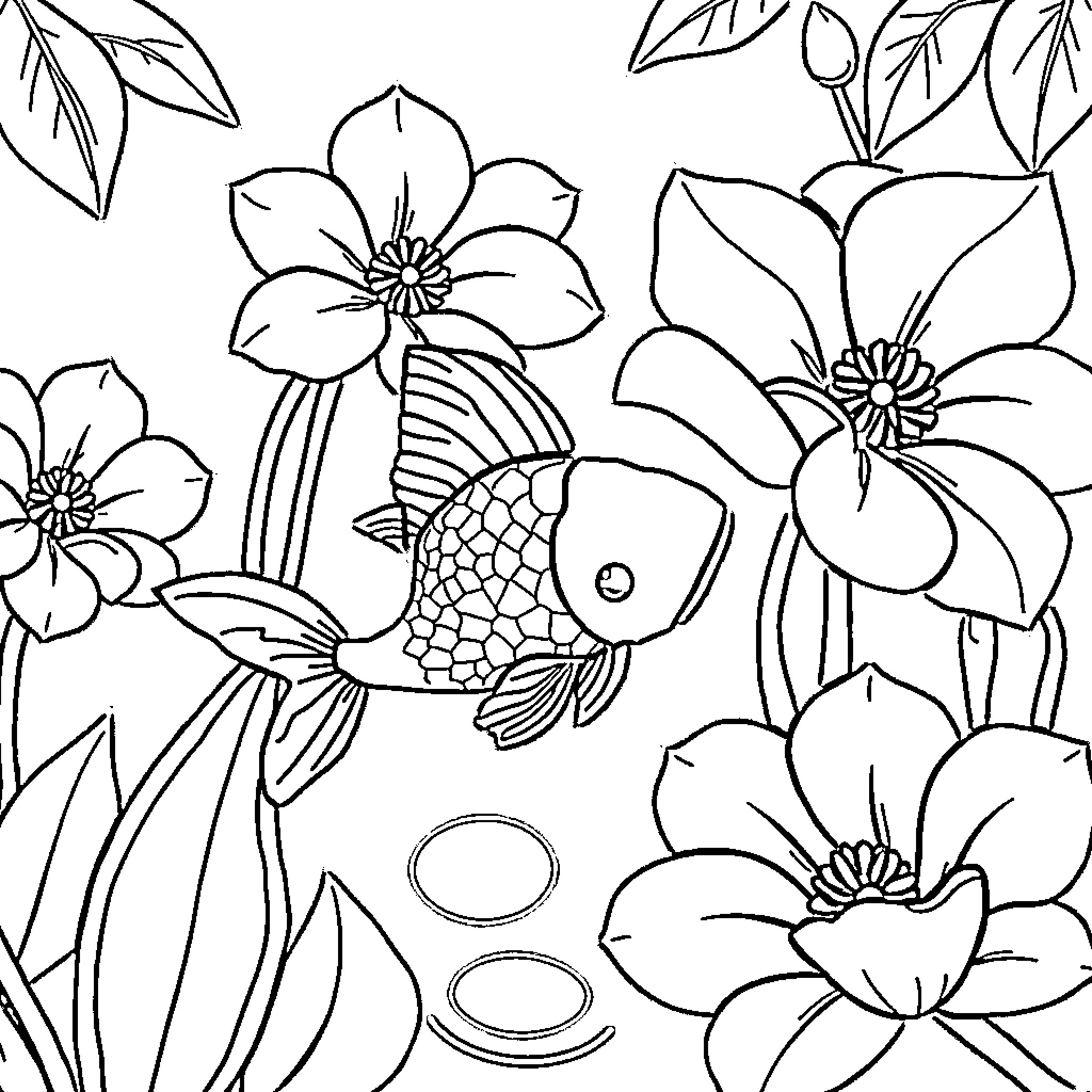 Flower scene with playful koi fish Coloring Page (free black-and-white line drawing printable PDF for all, from beginners to advanced learners, including children, teens, adults, and seniors)