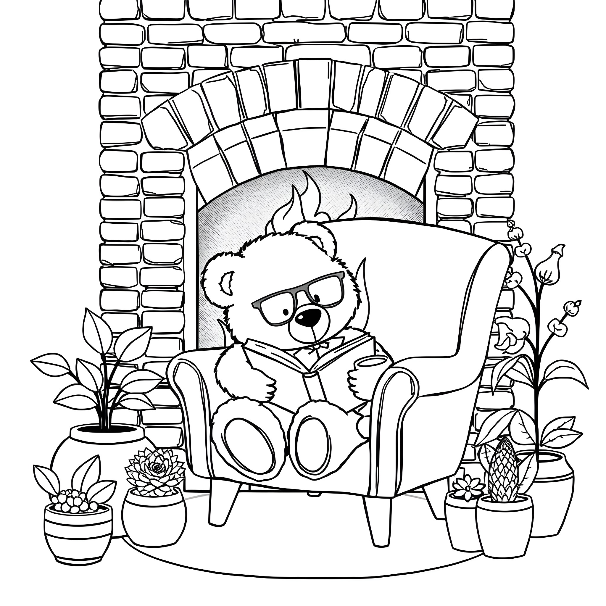 Teddy Bear Reading in Cozy Armchair Coloring Page (free black-and-white line drawing printable PDF for all, from beginners to advanced learners, including children, teens, adults, and seniors)