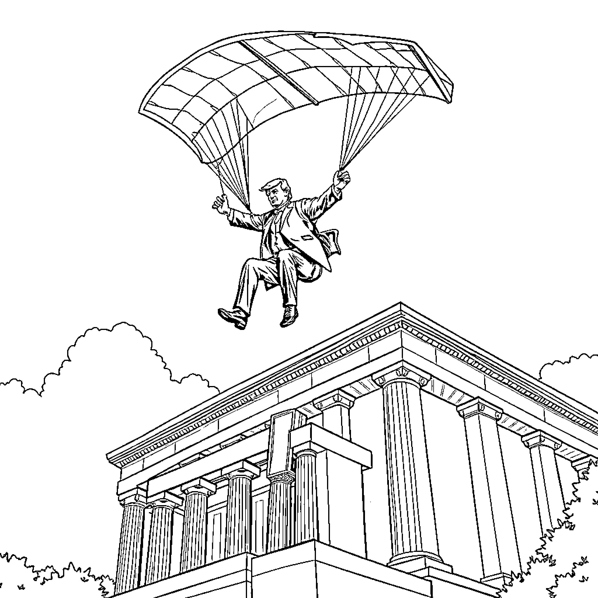 Donald Trump parachuting down from a building Coloring Page (free black-and-white line drawing printable PDF for all, from beginners to advanced learners, including children, teens, adults, and seniors)