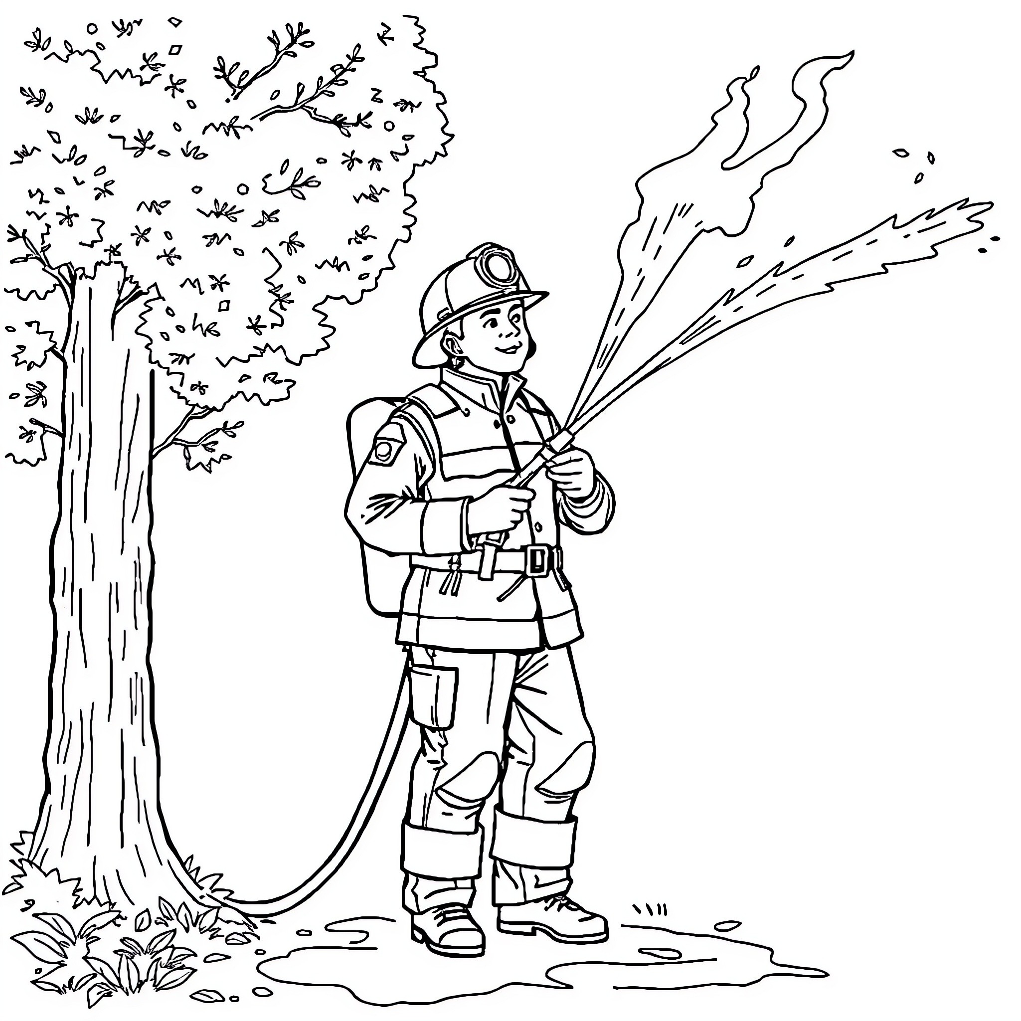 Pompier fighting forest fire with hose Coloring Page (free black-and-white line drawing printable PDF for all, from beginners to advanced learners, including children, teens, adults, and seniors)