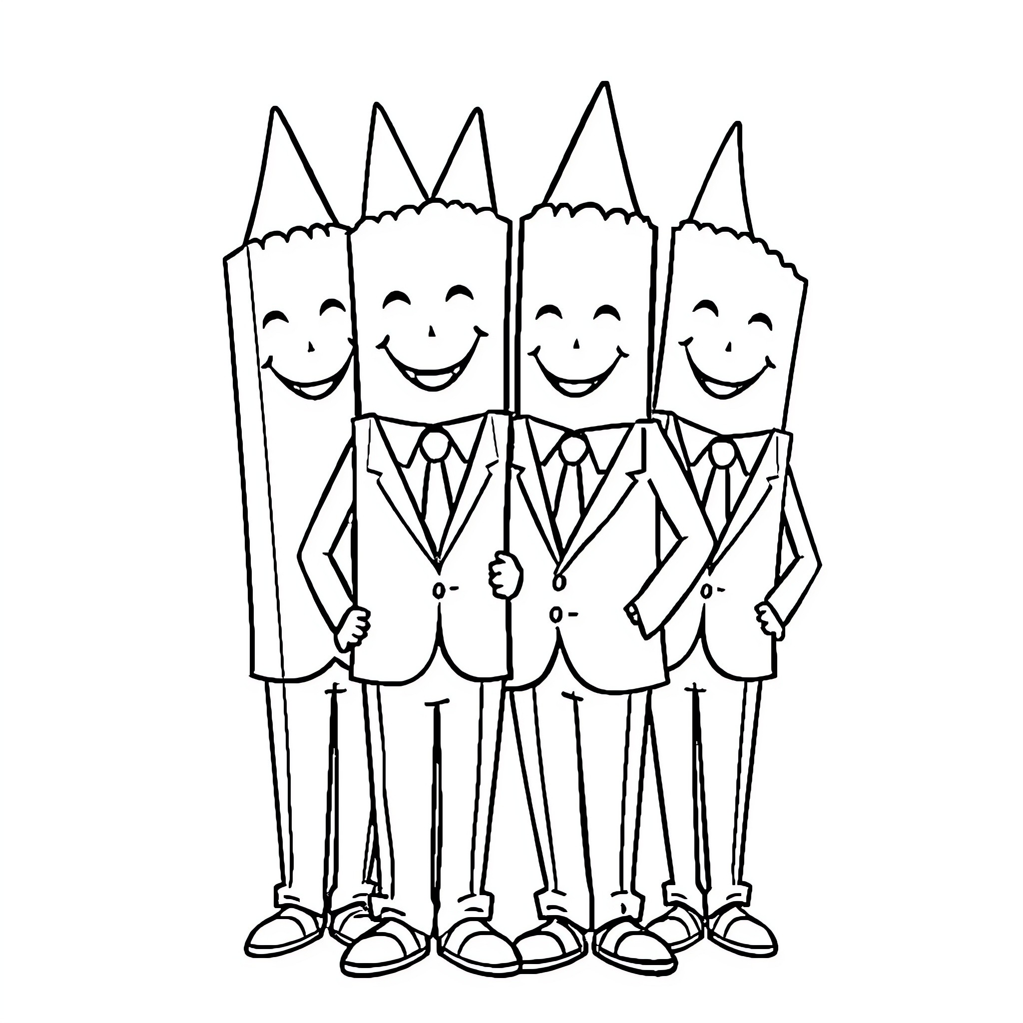 Crayon figures posing happily in suits Coloring Page (free black-and-white line drawing printable PDF for all, from beginners to advanced learners, including children, teens, adults, and seniors)