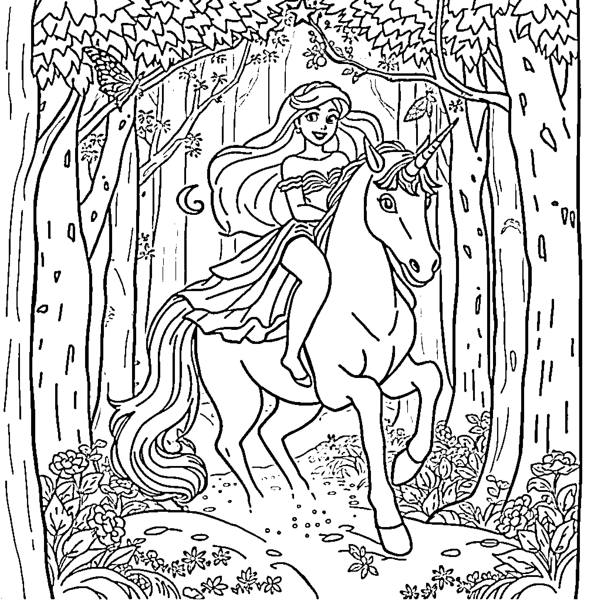 Princess Riding a Magical Unicorn in the Enchanted Forest Coloring Page (free black-and-white line drawing printable PDF for all, from beginners to advanced learners, including children, teens, adults, and seniors)