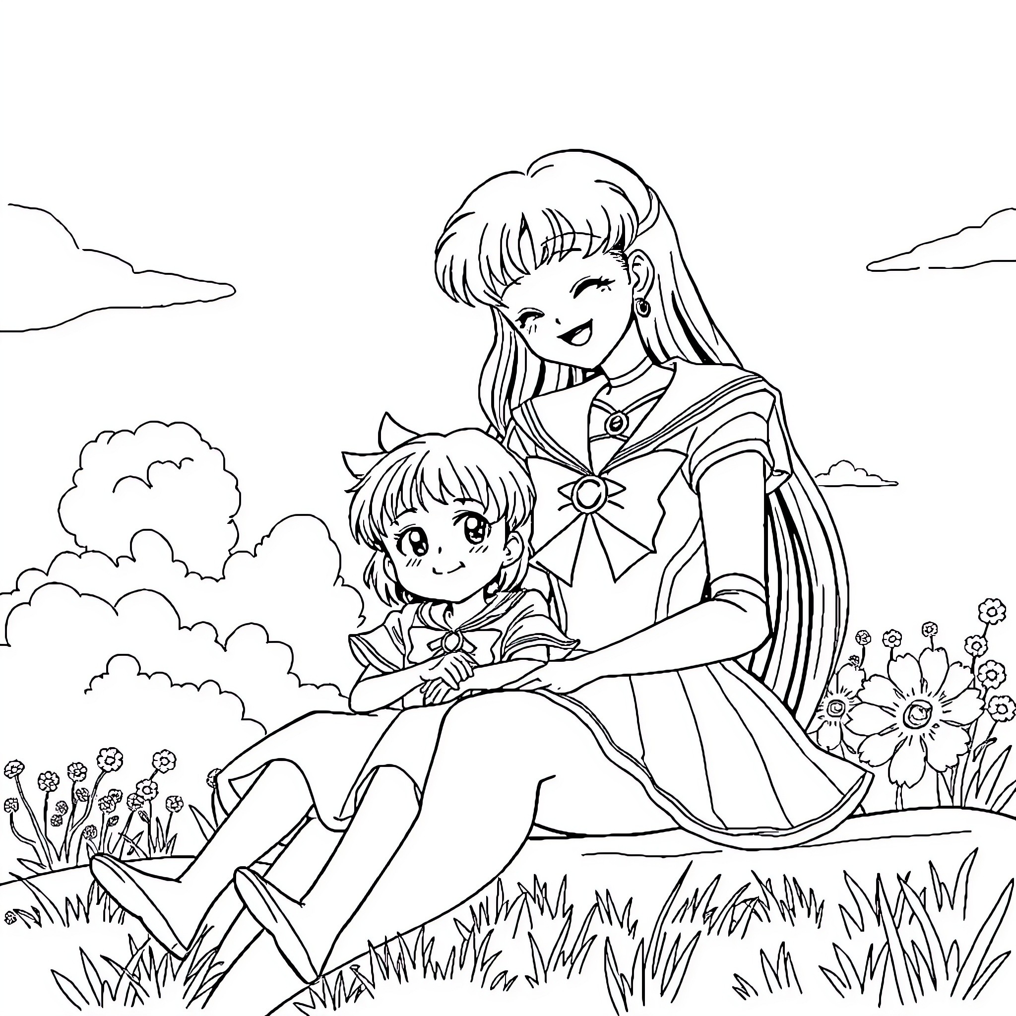 Sailor Saturn embracing a young child in a field Coloring Page (free black-and-white line drawing printable PDF for all, from beginners to advanced learners, including children, teens, adults, and seniors)