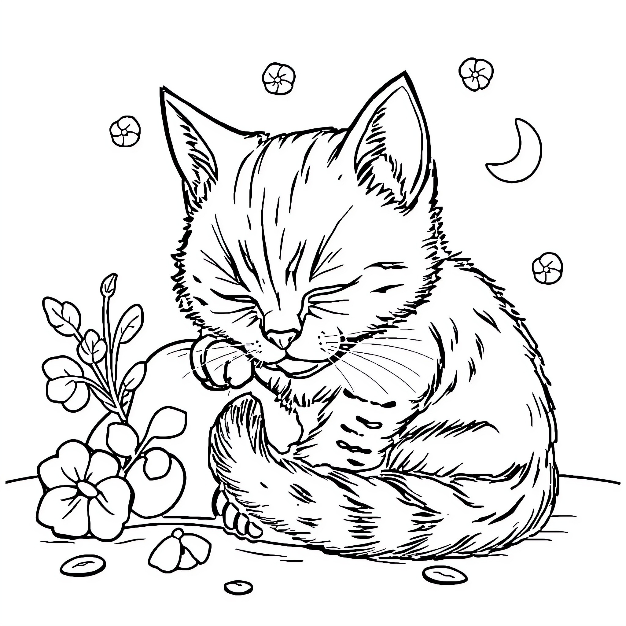Cat Resting Peacefully Among Flowers Coloring Page (free black-and-white line drawing printable PDF for all, from beginners to advanced learners, including children, teens, adults, and seniors)