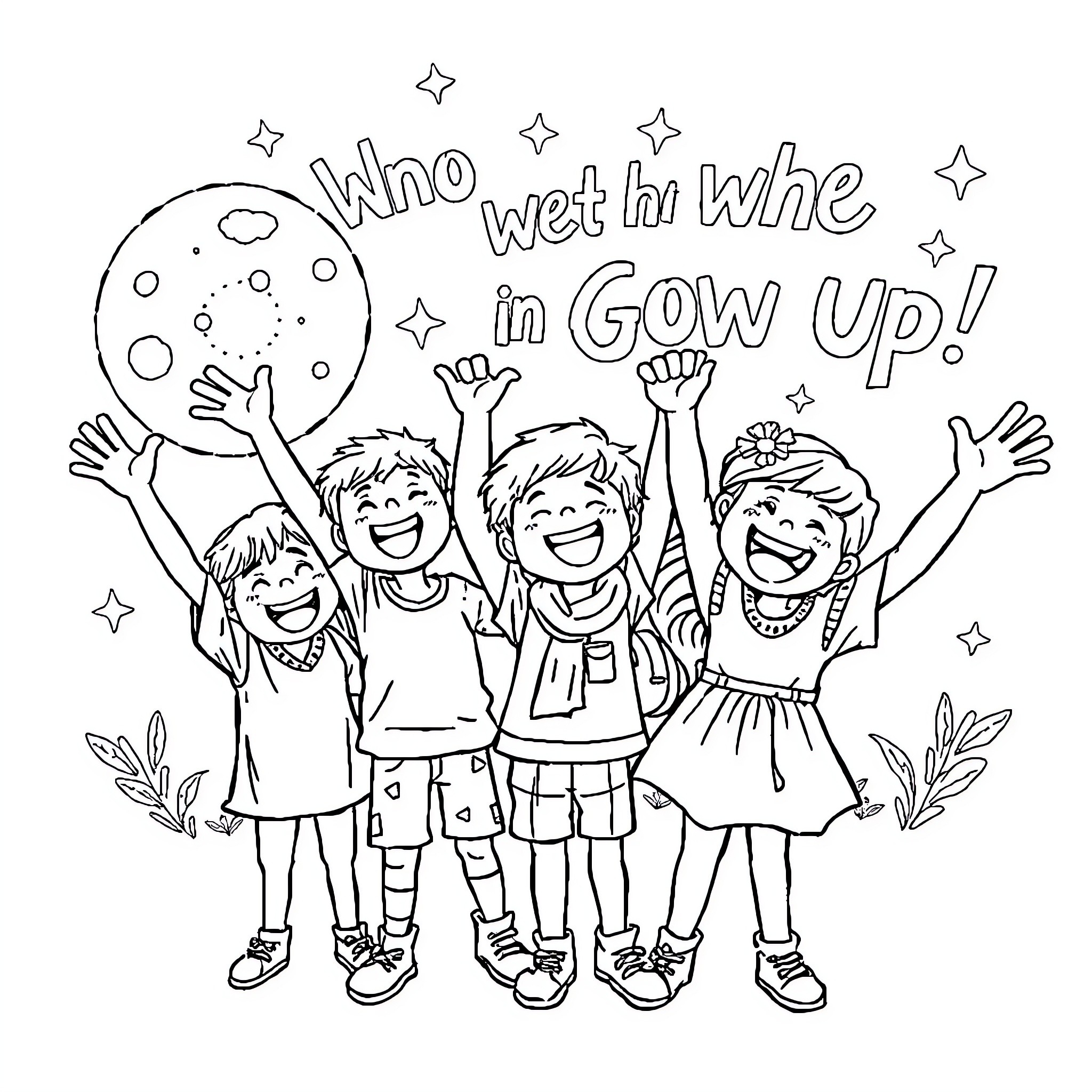 Kid Joyfully Celebrating Growing Up Together Coloring Page (free black-and-white line drawing printable PDF for all, from beginners to advanced learners, including children, teens, adults, and seniors)