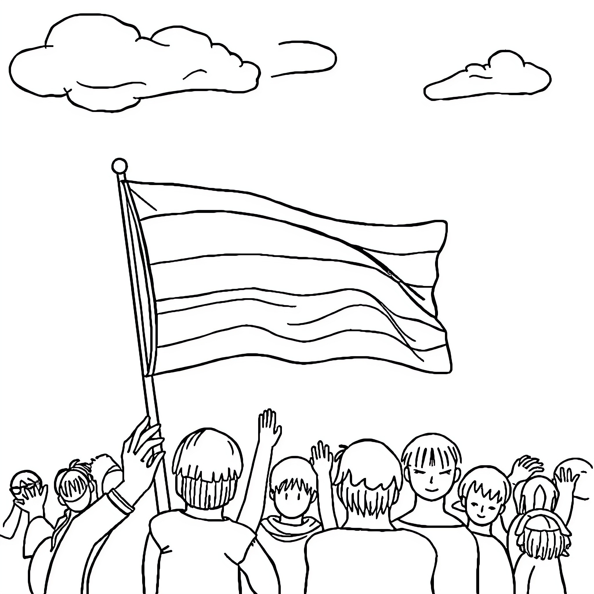 LGBTQ group celebrating with waving flag Coloring Page (free black-and-white line drawing printable PDF for all, from beginners to advanced learners, including children, teens, adults, and seniors)