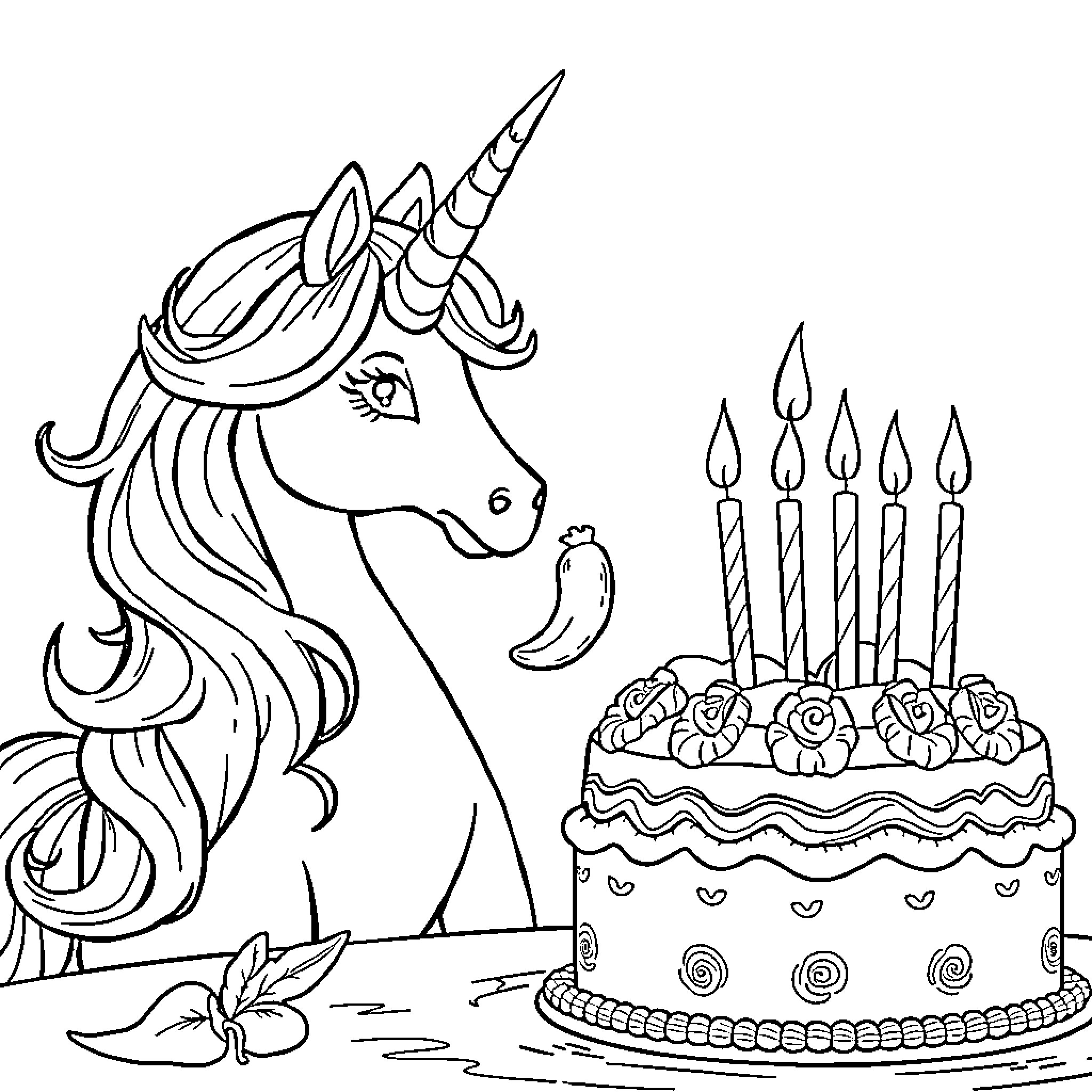 Unicorn celebrating birthday with cake and candles Coloring Page (free black-and-white line drawing printable PDF for all, from beginners to advanced learners, including children, teens, adults, and seniors)