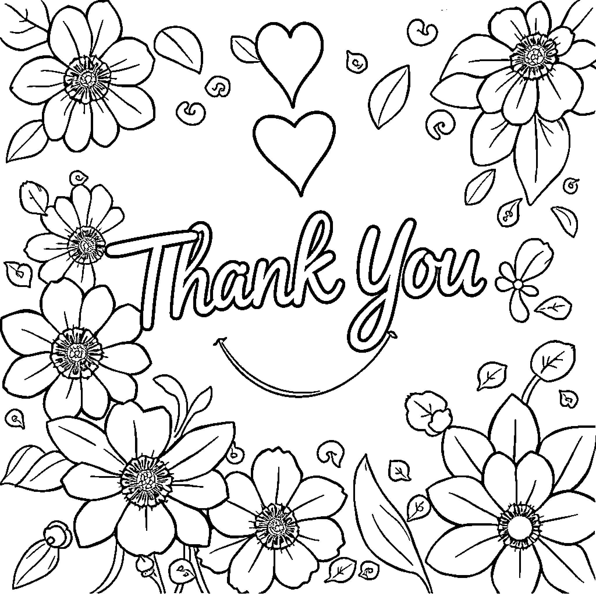 Thank You for the Floral Arrangement Coloring Page (free black-and-white line drawing printable PDF for all, from beginners to advanced learners, including children, teens, adults, and seniors)