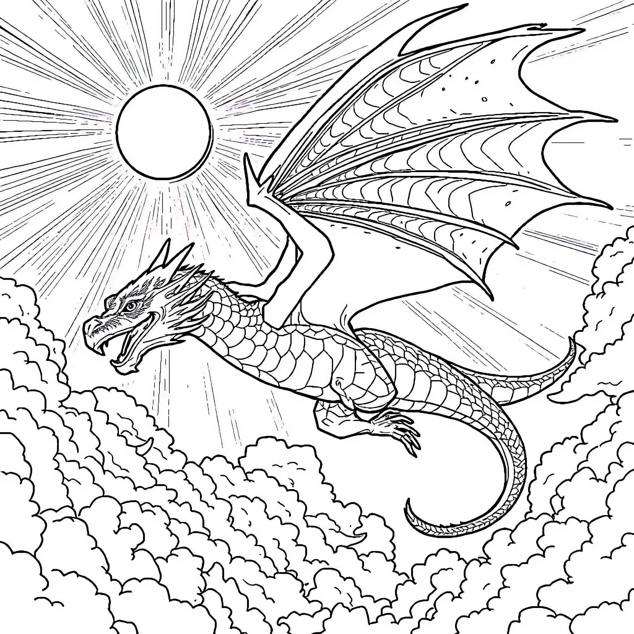 Dragon soaring through the sky with majestic wings Coloring Page (free black-and-white line drawing printable PDF for all, from beginners to advanced learners, including children, teens, adults, and seniors)