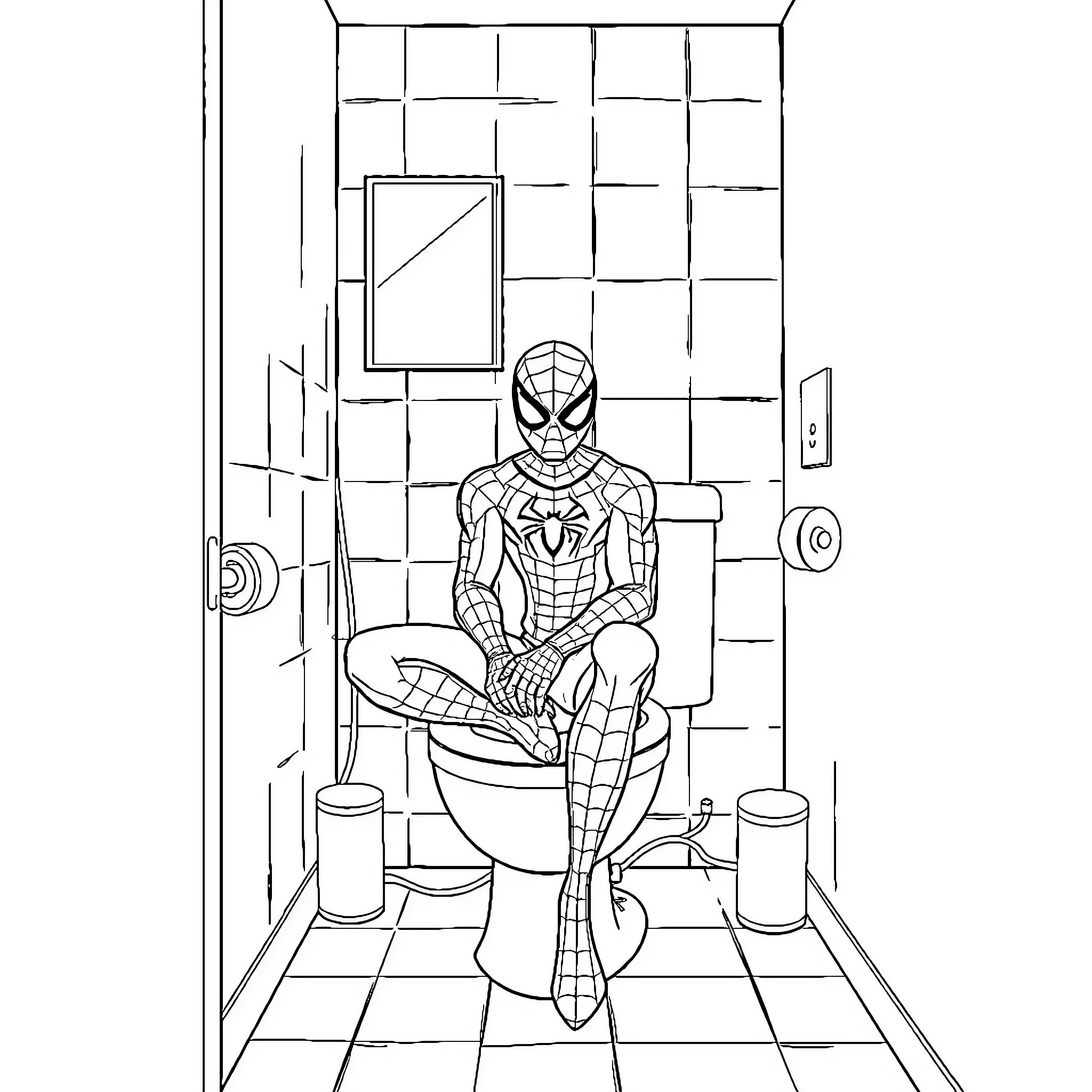 Spiderman lounging in a bathroom interior Coloring Page (free black-and-white line drawing printable PDF for all, from beginners to advanced learners, including children, teens, adults, and seniors)