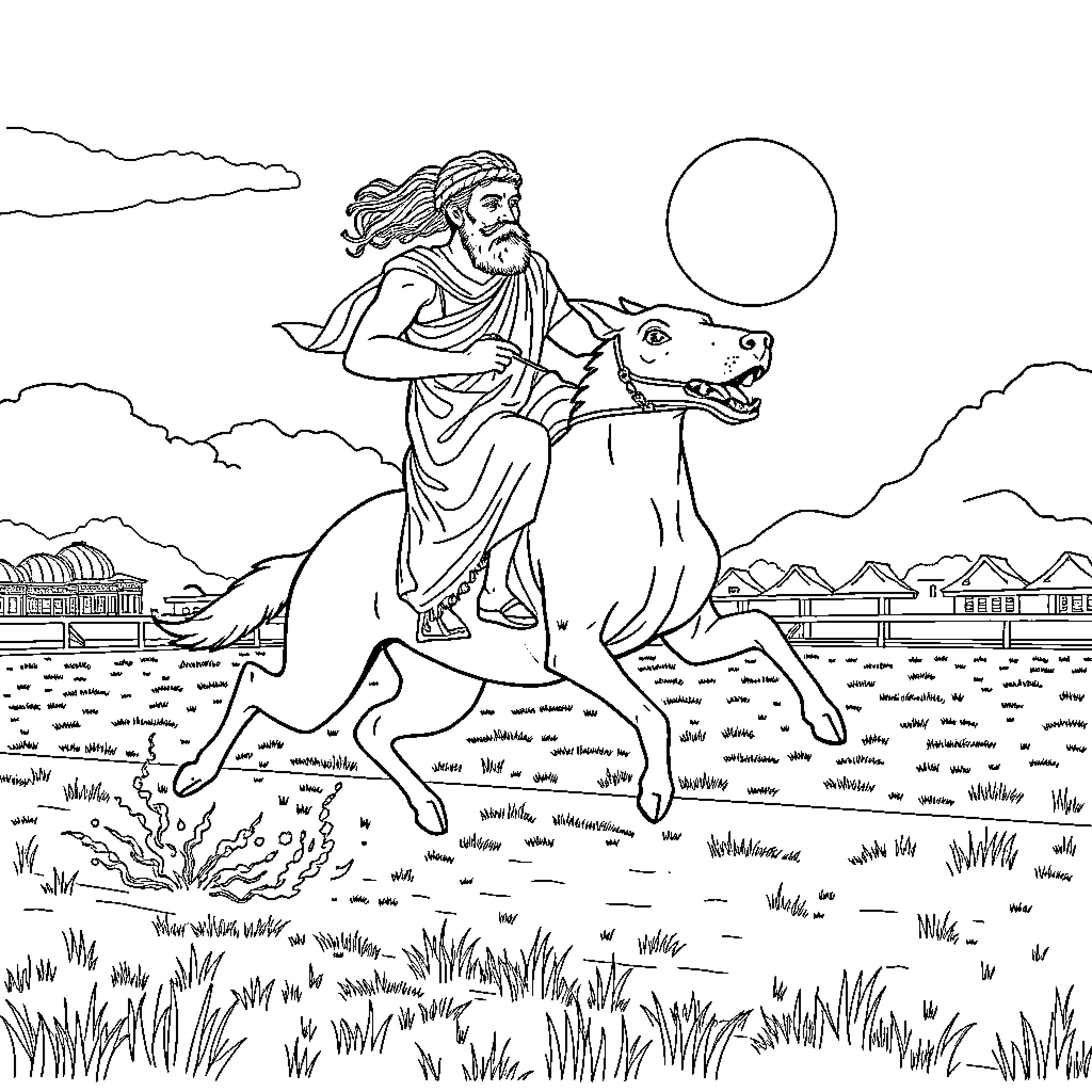 Euripides' Mythological Figure Riding a Steed Coloring Page (free black-and-white line drawing printable PDF for all, from beginners to advanced learners, including children, teens, adults, and seniors)