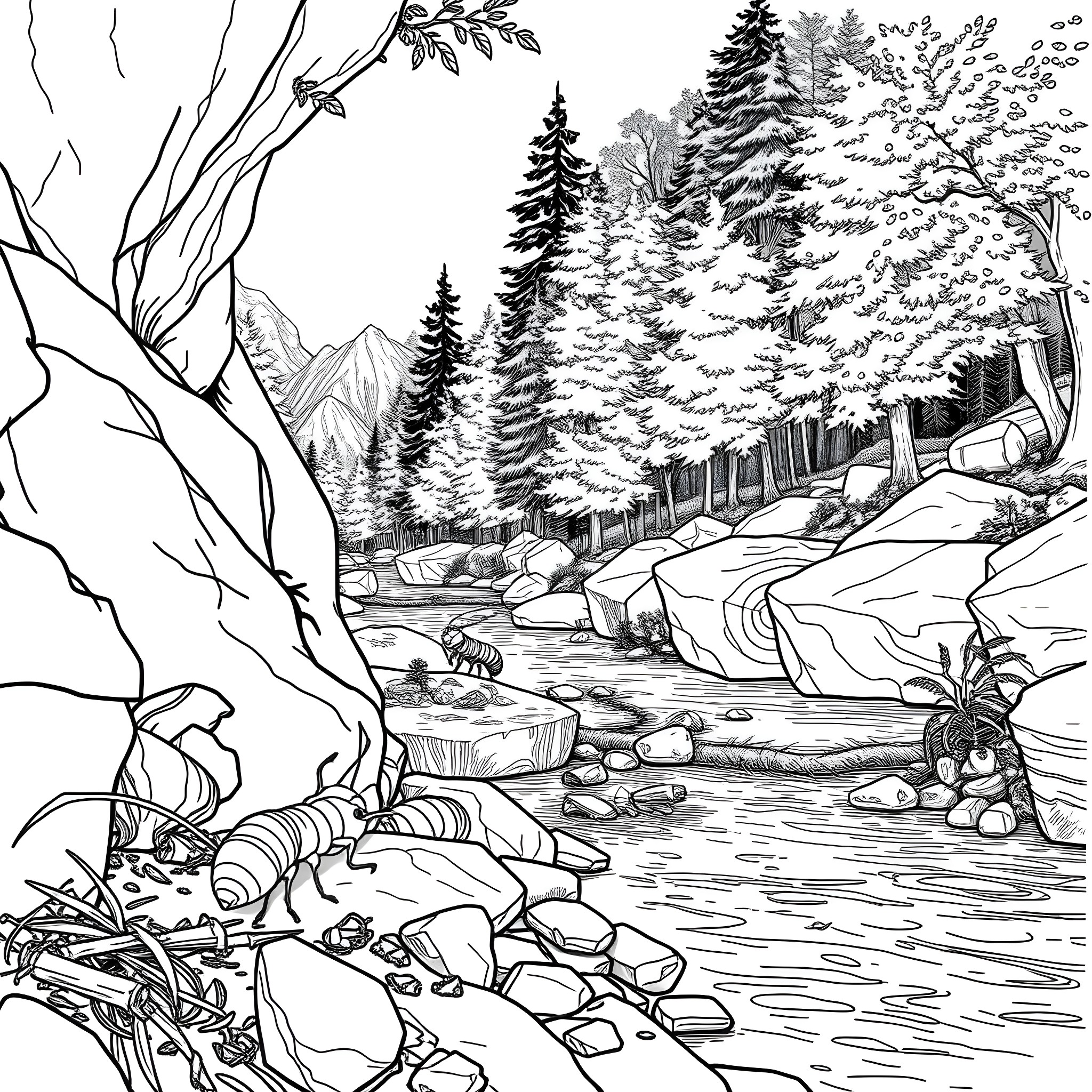 Termite exploring the serene forest landscape Coloring Page (free black-and-white line drawing printable PDF for all, from beginners to advanced learners, including children, teens, adults, and seniors)