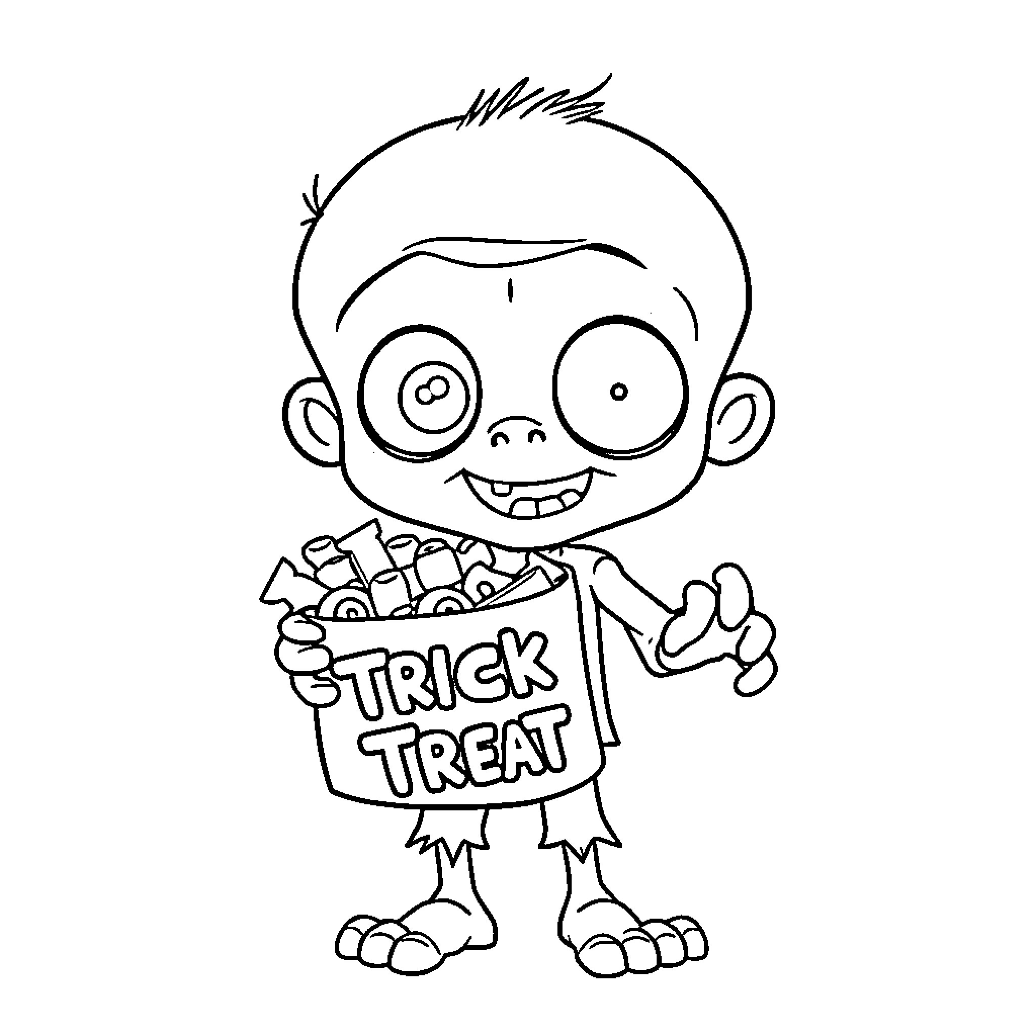 Zombie Boy Holding Trick or Treat Bag Coloring Page (free black-and-white line drawing printable PDF for all, from beginners to advanced learners, including children, teens, adults, and seniors)