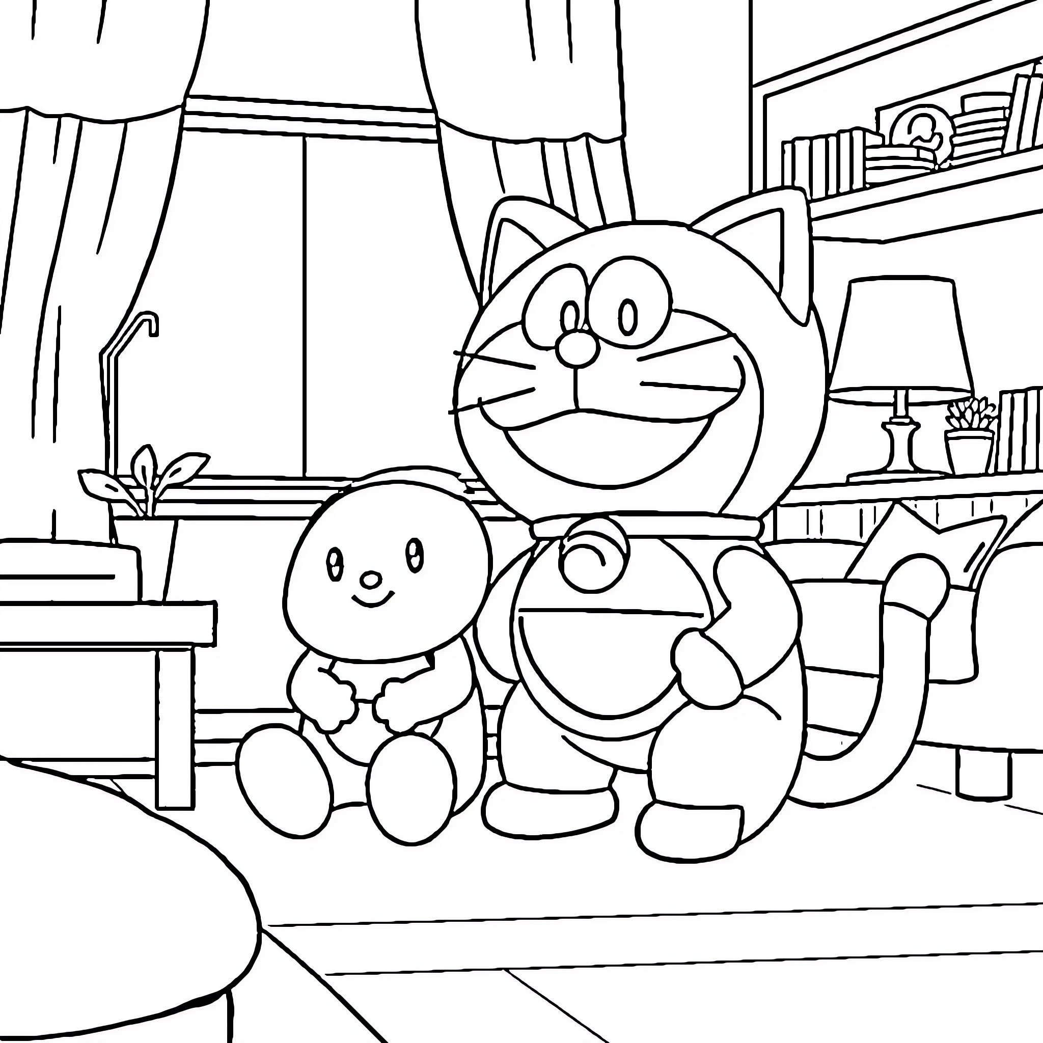 Doraemon and friends in a cozy living room Coloring Page (free black-and-white line drawing printable PDF for all, from beginners to advanced learners, including children, teens, adults, and seniors)