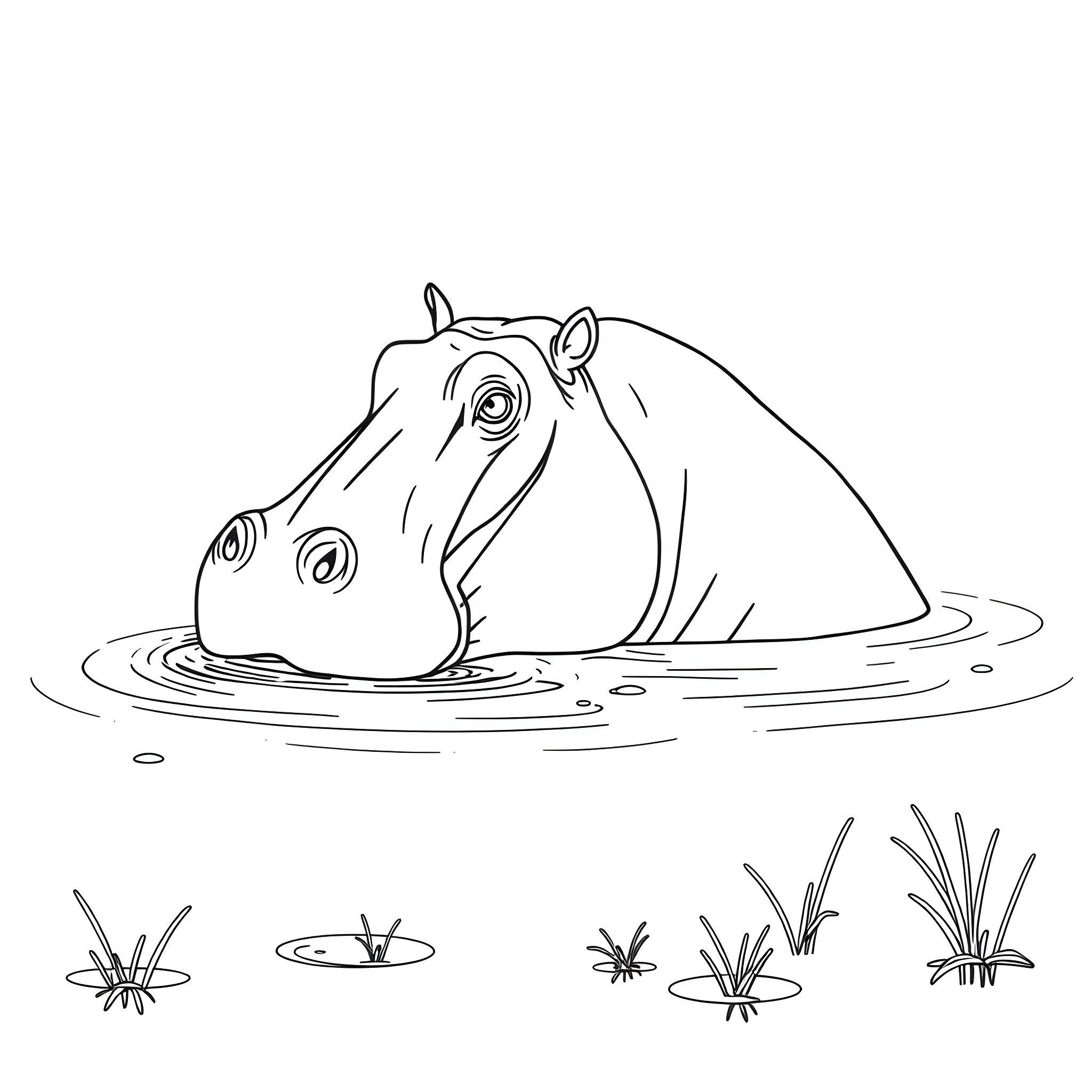 Hippopotamus floating in water Coloring Page (free black-and-white line drawing printable PDF for all, from beginners to advanced learners, including children, teens, adults, and seniors)
