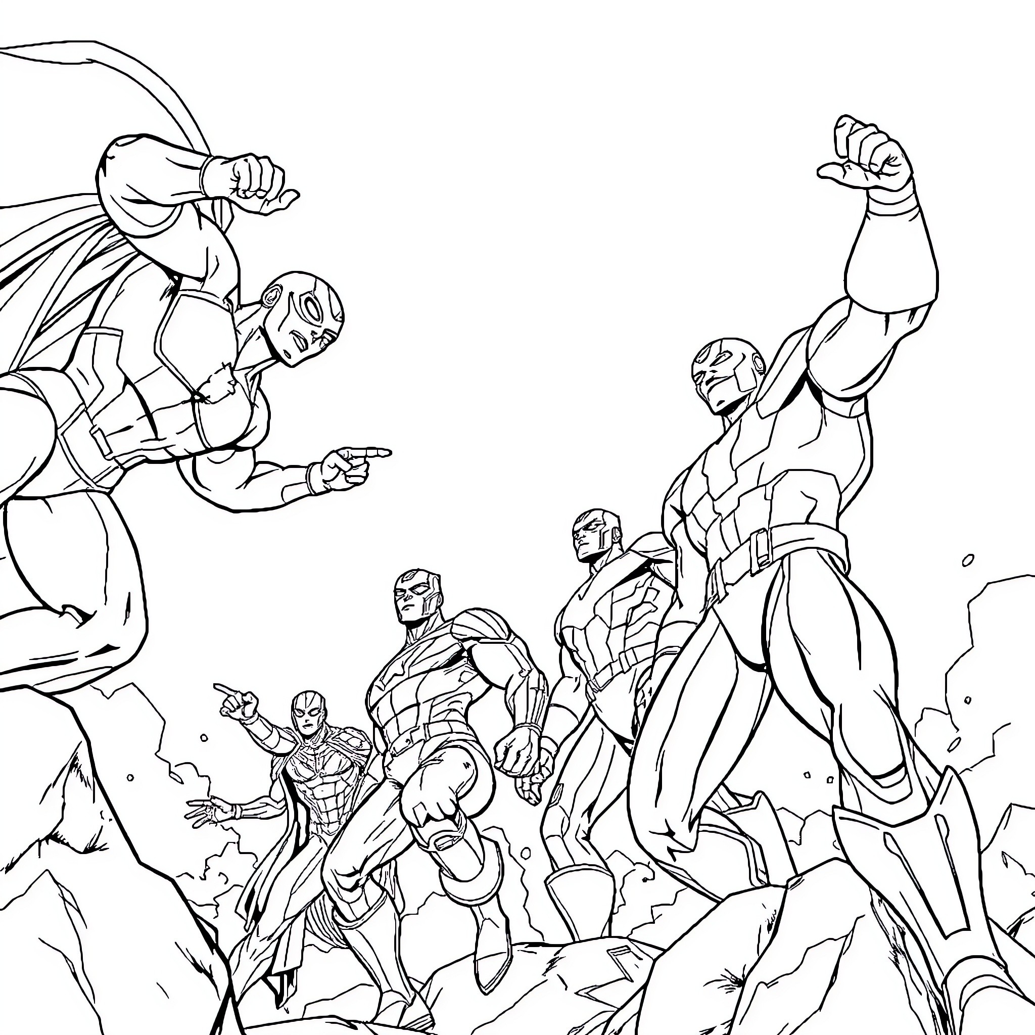 Marvel Superheroes in Intense Battle Coloring Page (free black-and-white line drawing printable PDF for all, from beginners to advanced learners, including children, teens, adults, and seniors)