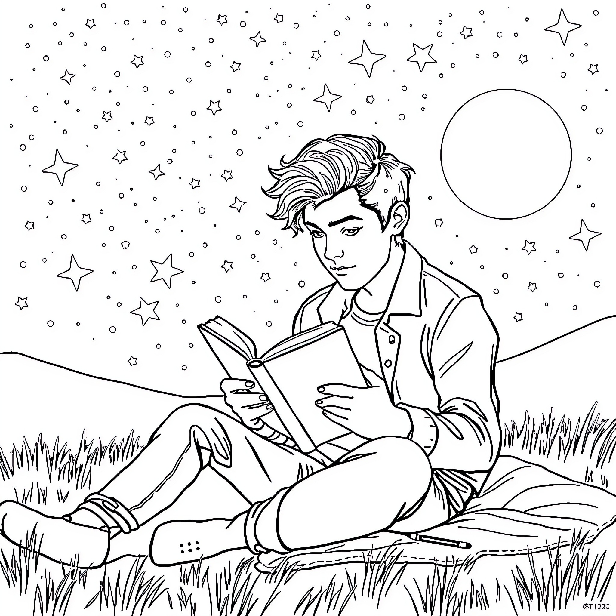 Harry Styles reading a book under the starry night sky Coloring Page (free black-and-white line drawing printable PDF for all, from beginners to advanced learners, including children, teens, adults, and seniors)