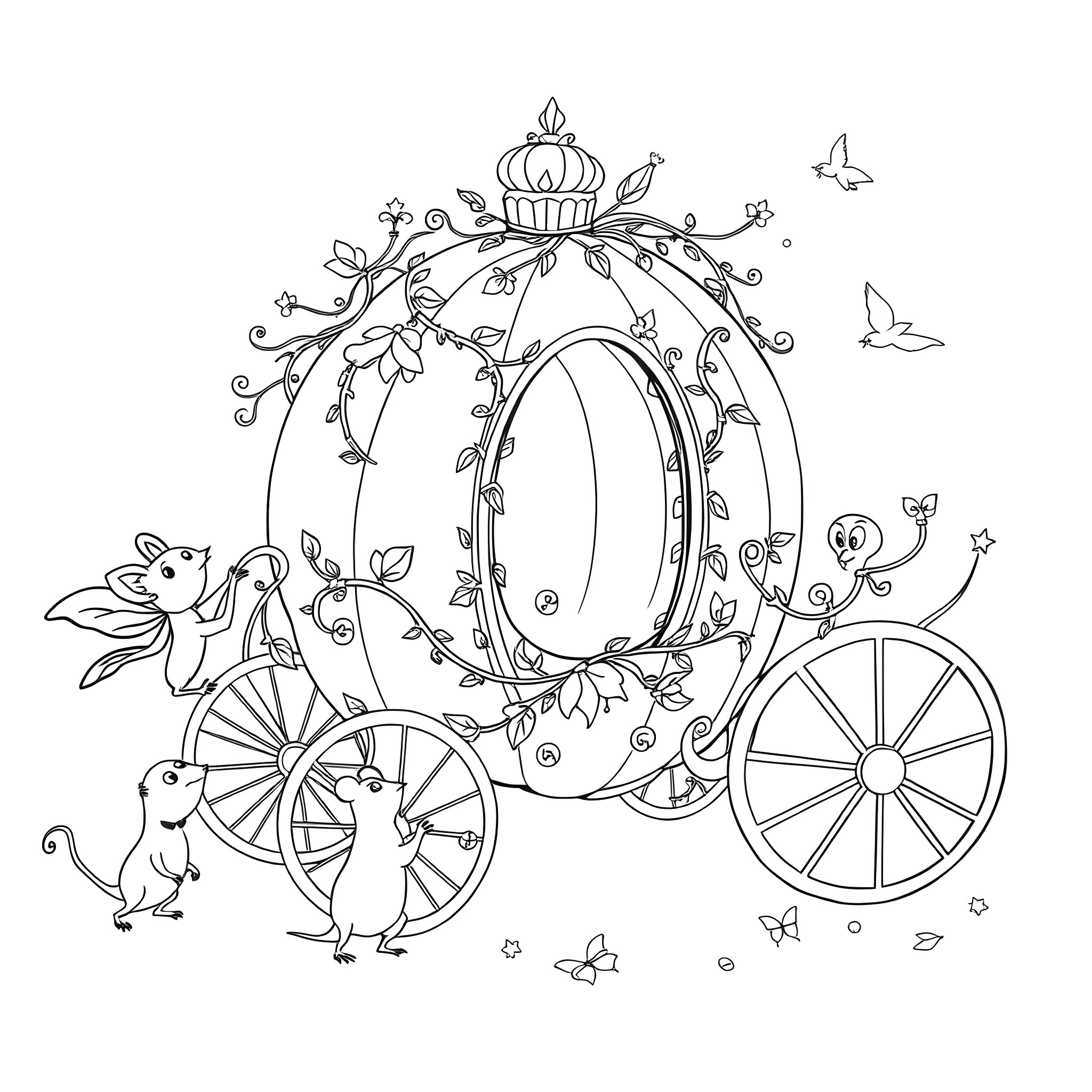 Cinderella's magical carriage with rabbits and butterflies Coloring Page (free black-and-white line drawing printable PDF for all, from beginners to advanced learners, including children, teens, adults, and seniors)