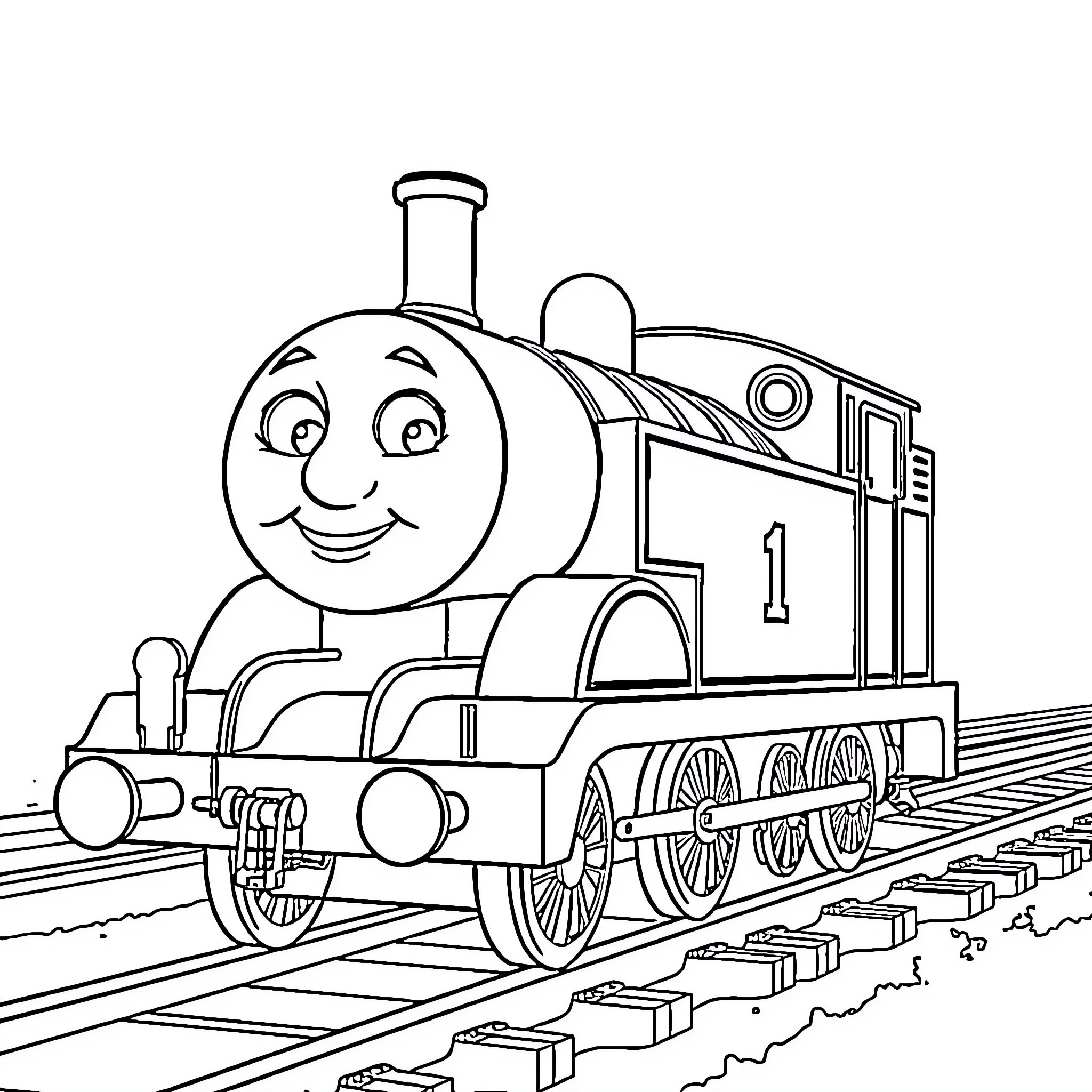 Thomas the Tank Engine on the Railway Coloring Page (free black-and-white line drawing printable PDF for all, from beginners to advanced learners, including children, teens, adults, and seniors)