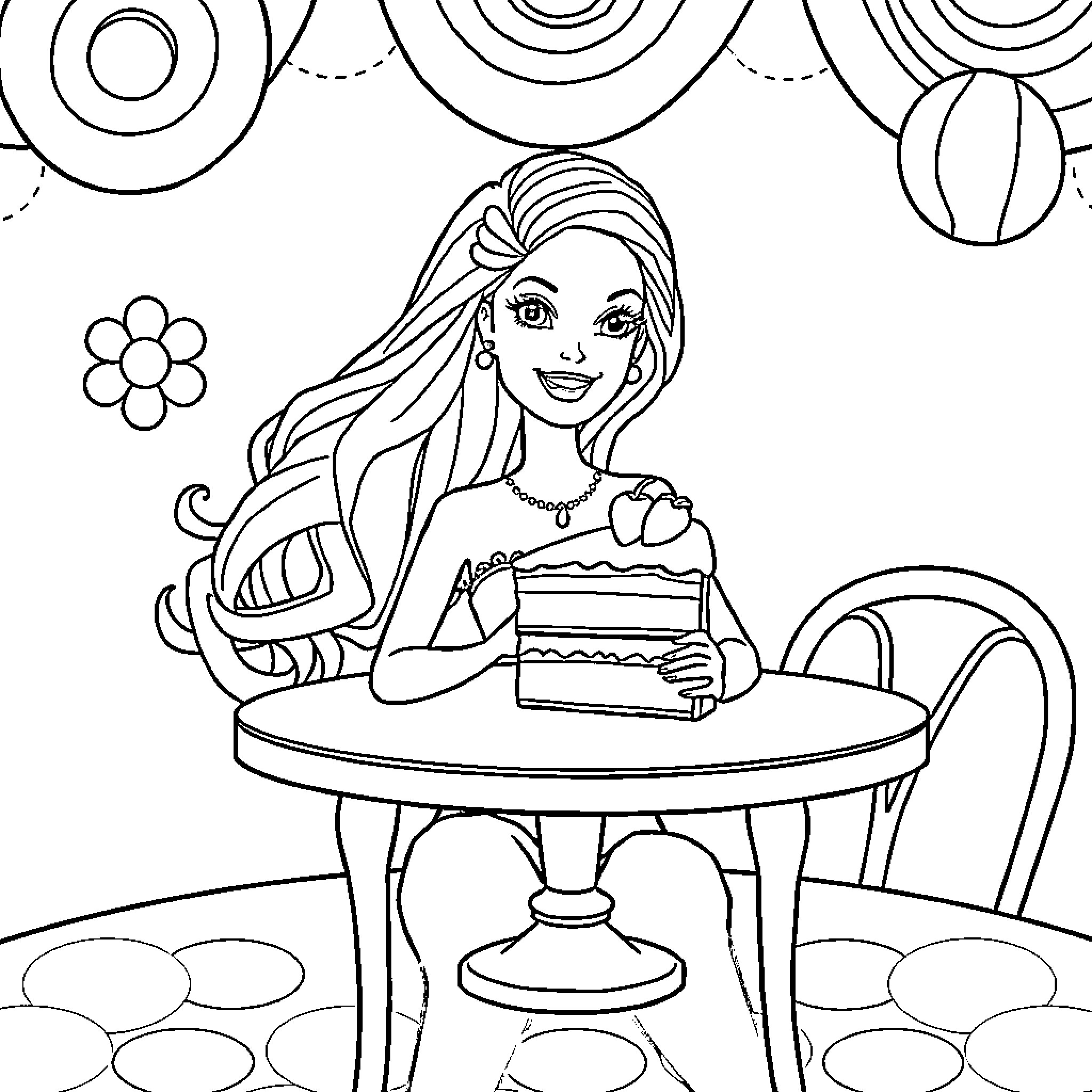 Barbie enjoying a sweet treat at a cafe Coloring Page (free black-and-white line drawing printable PDF for all, from beginners to advanced learners, including children, teens, adults, and seniors)