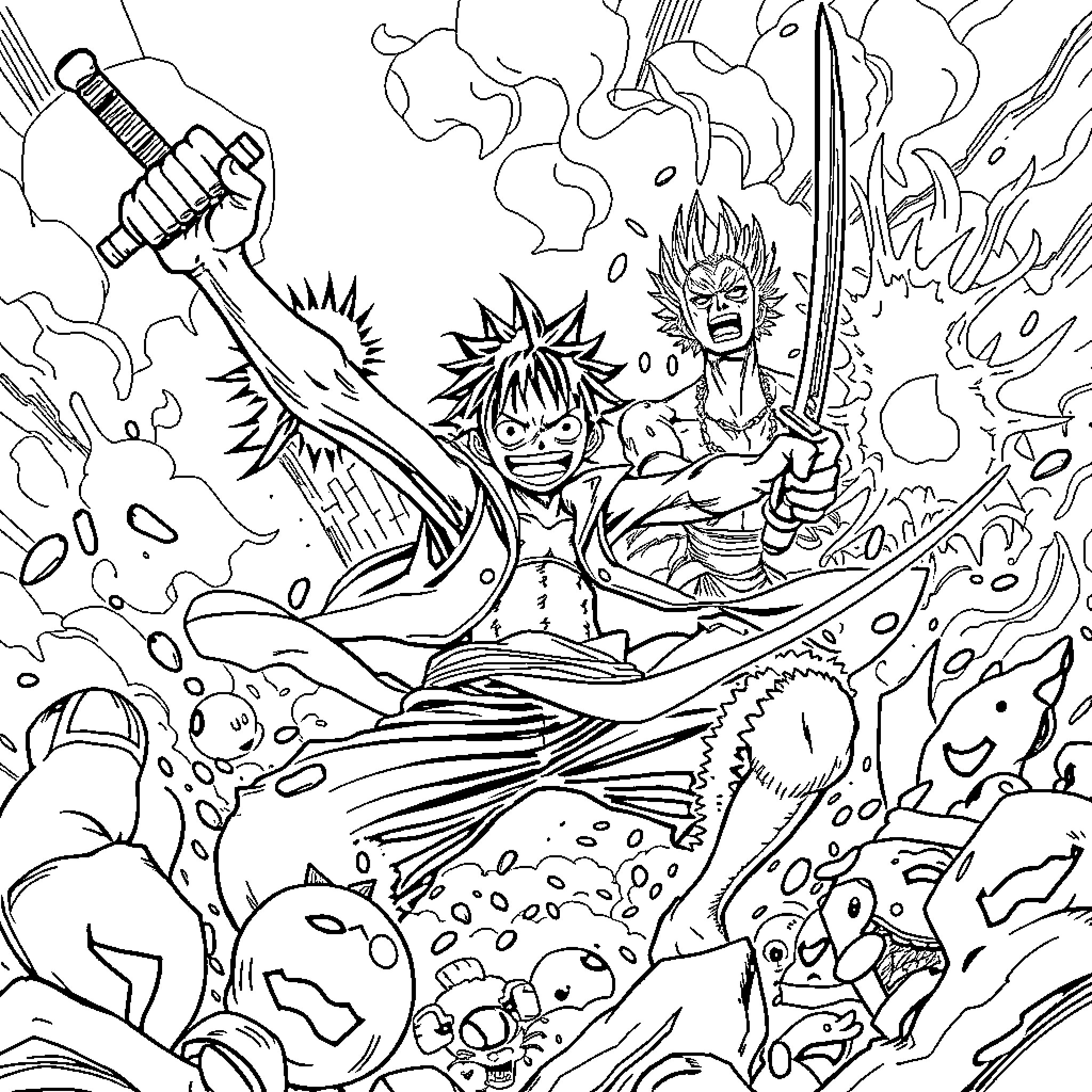 Luffy's Adventurous Voyage with Vibrant Expressions Coloring Page (free black-and-white line drawing printable PDF for all, from beginners to advanced learners, including children, teens, adults, and seniors)